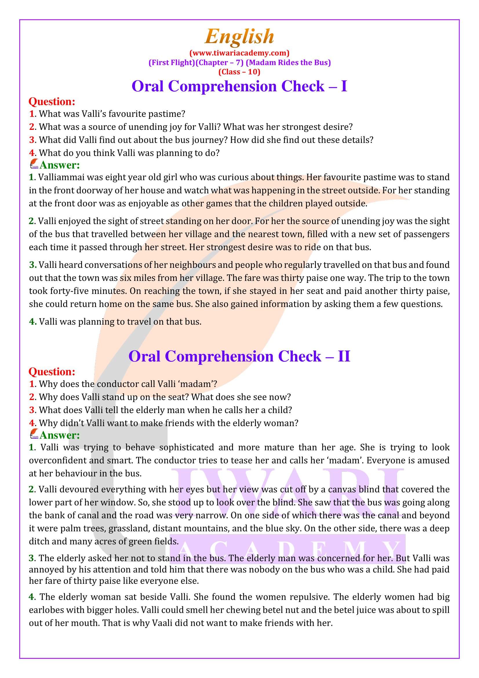 NCERT Solutions for Class 10 English First Flight Chapter 7 Madam Rides the Bus
