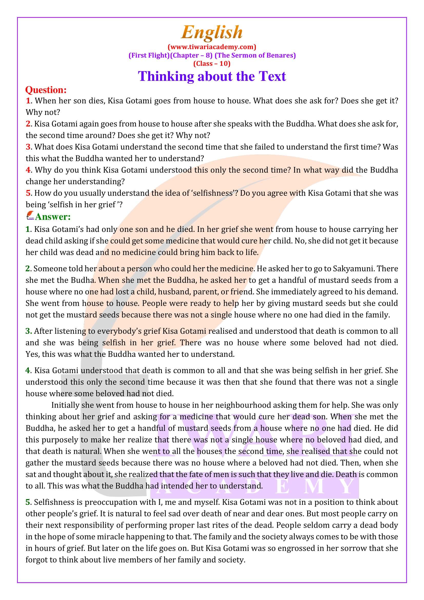 NCERT Solutions for Class 10 English First Flight Chapter 8 The Sermon of Benares