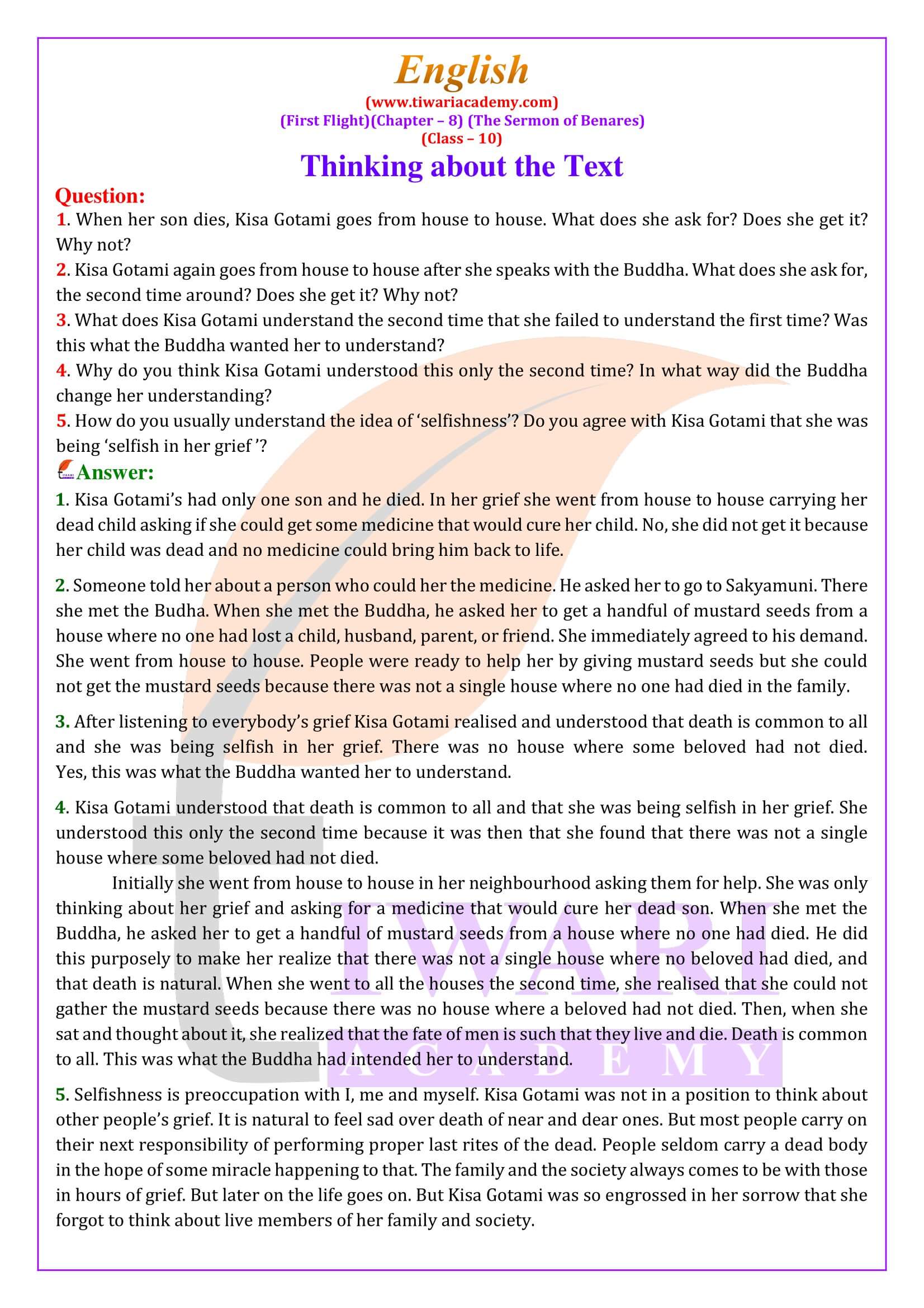 NCERT Solutions for Class 10 English First Flight Chapter 8 The Sermon of Benares