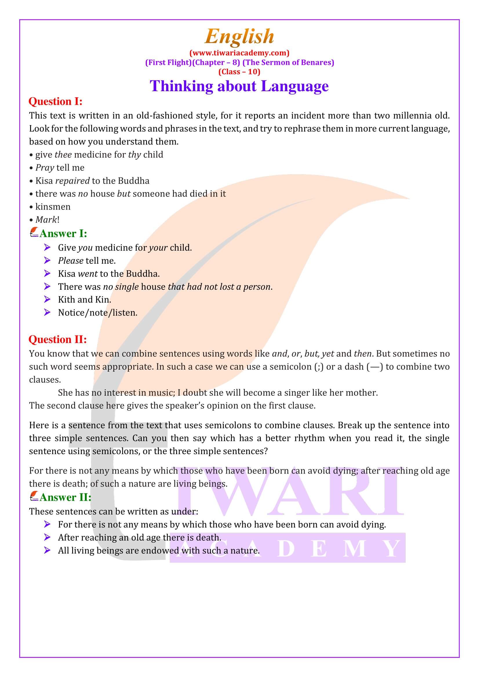 NCERT Solutions for Class 10 English First Flight Chapter 8 The Sermon of Benares answers