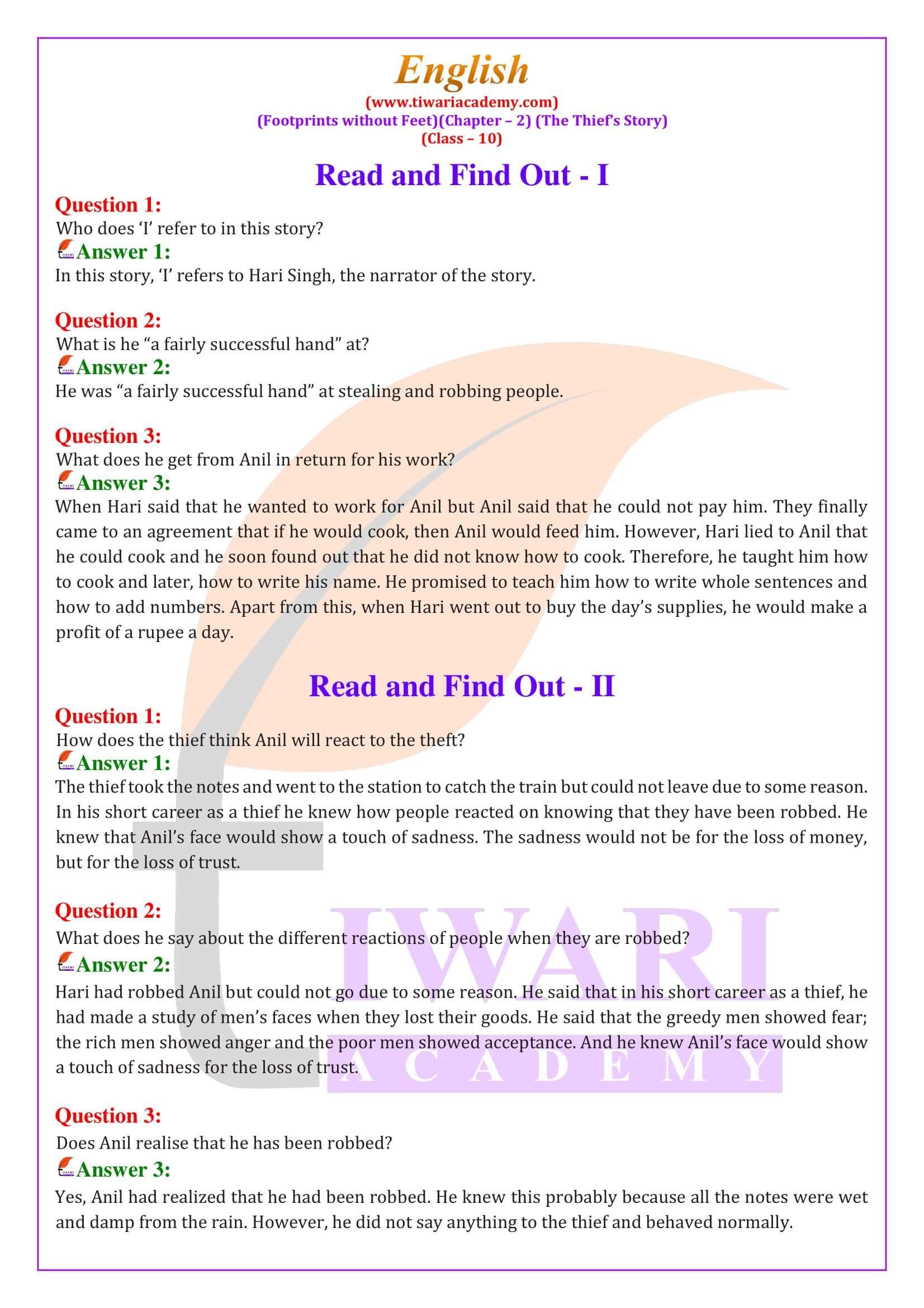 NCERT Solutions for Class 10 English Chapter 2 the Thief’s Story Answers