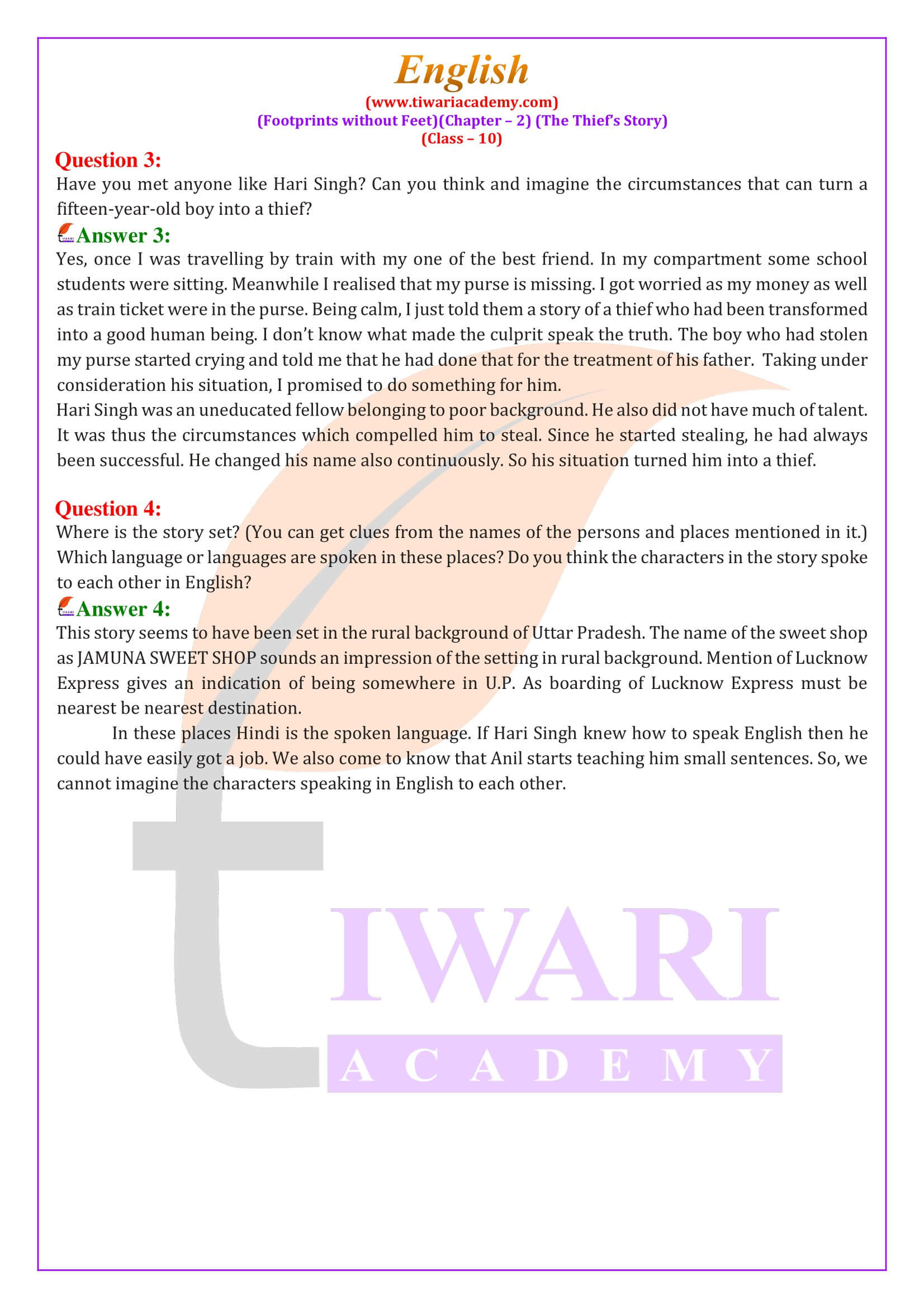 Class 10 English Chapter 2 the Thief’s Story Question Answers