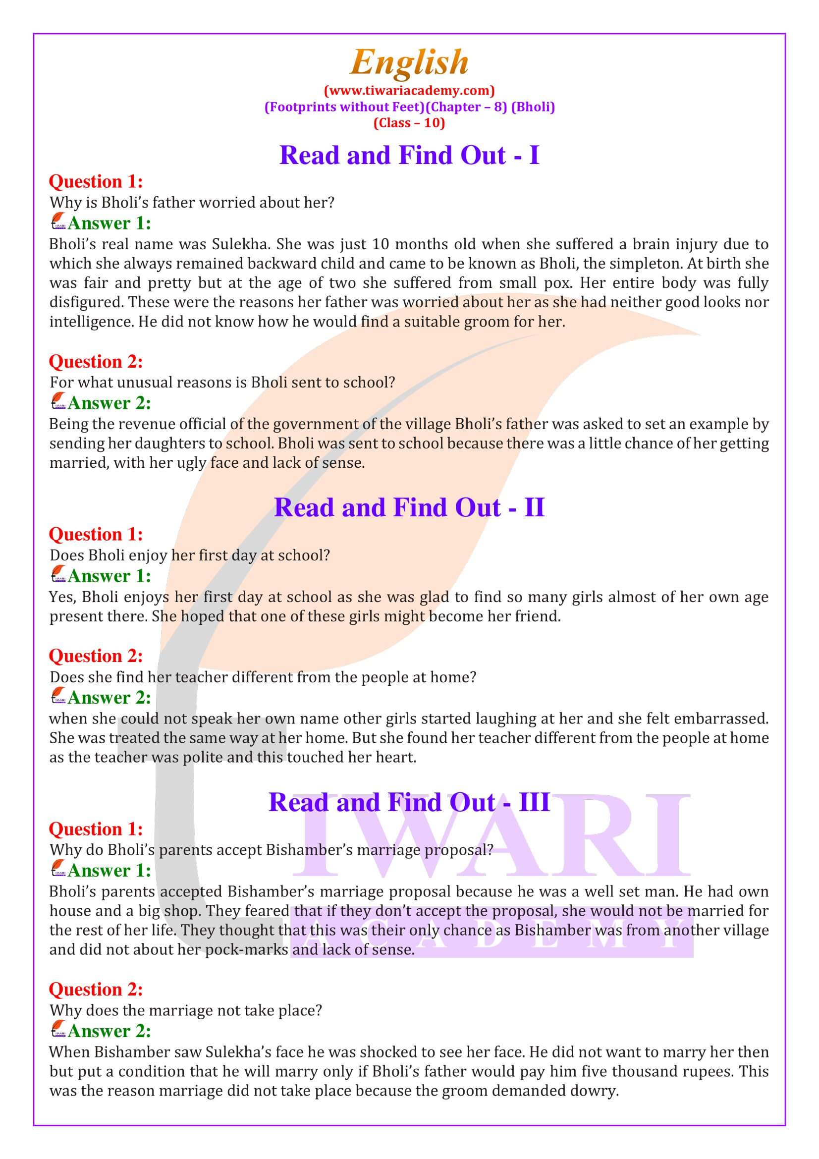 NCERT Solutions for Class 10 English Chapter 8 Bholi
