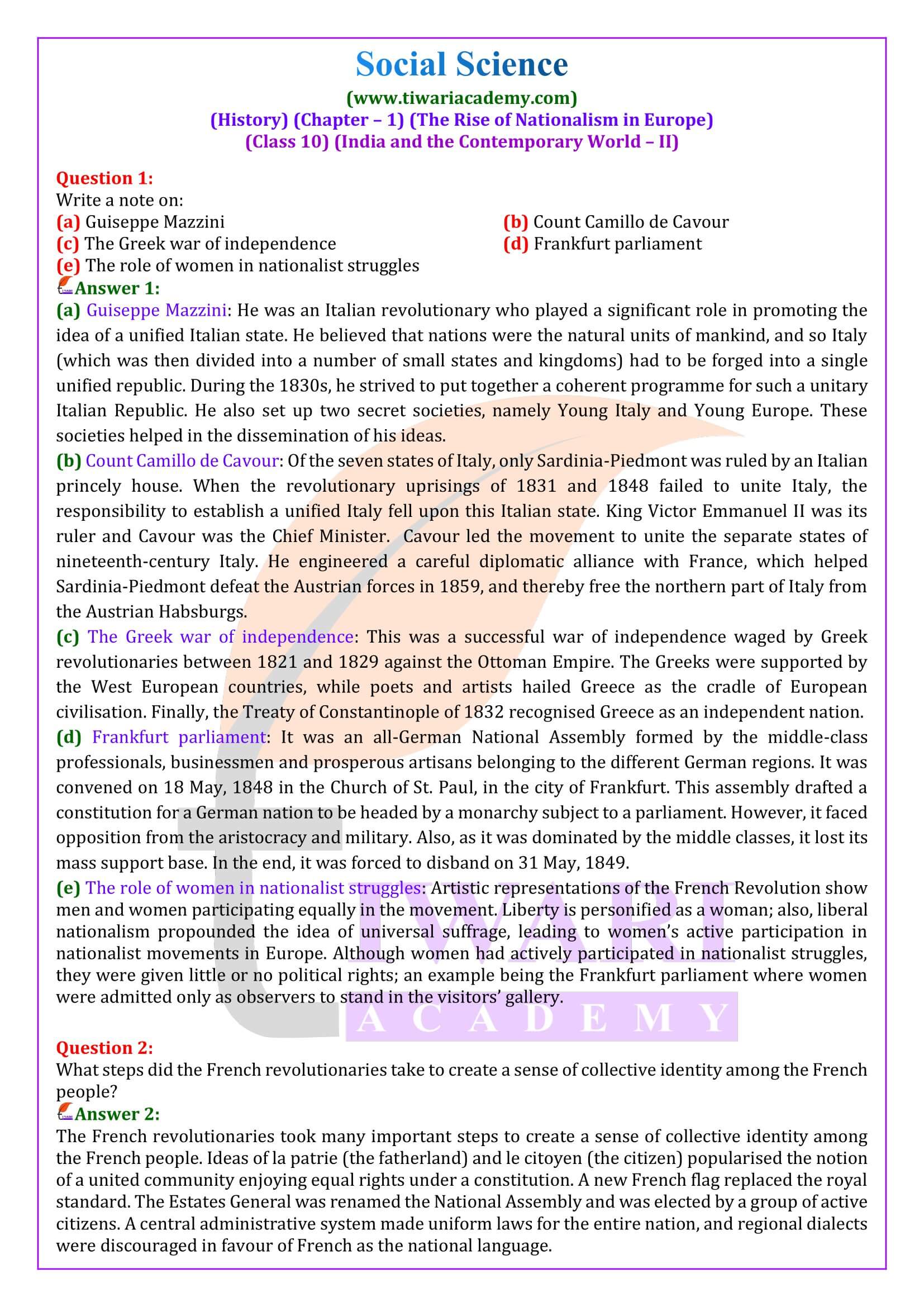 The Rise of Nationalism in Europe Class 10 Notes CBSE History Chapter 1,  Download Free PDF