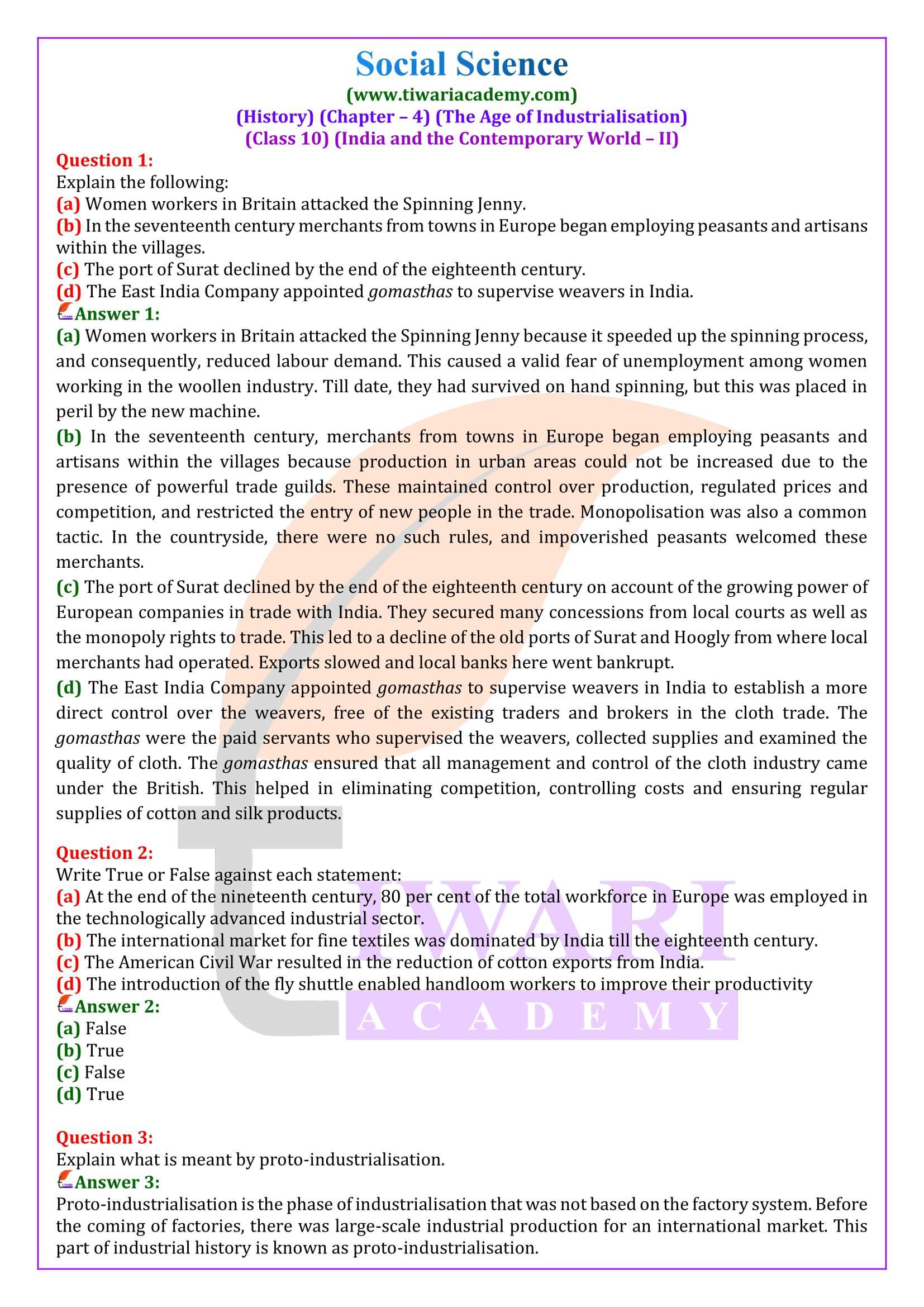 Class 10 History Chapter 4 The Age of Industrialisation