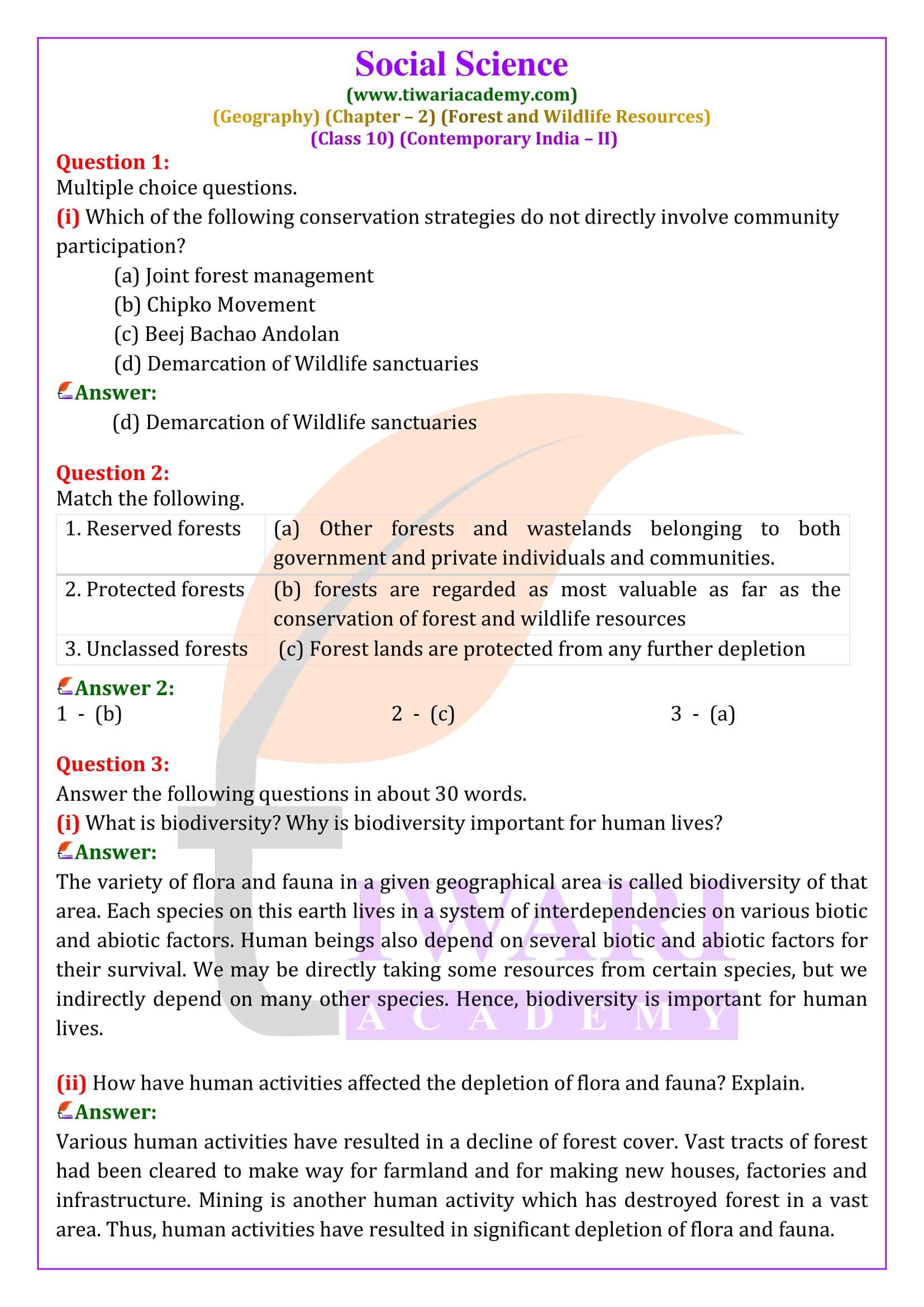 NCERT Solutions for Class 10 Geography Chapter 2 Forests and Wildlife