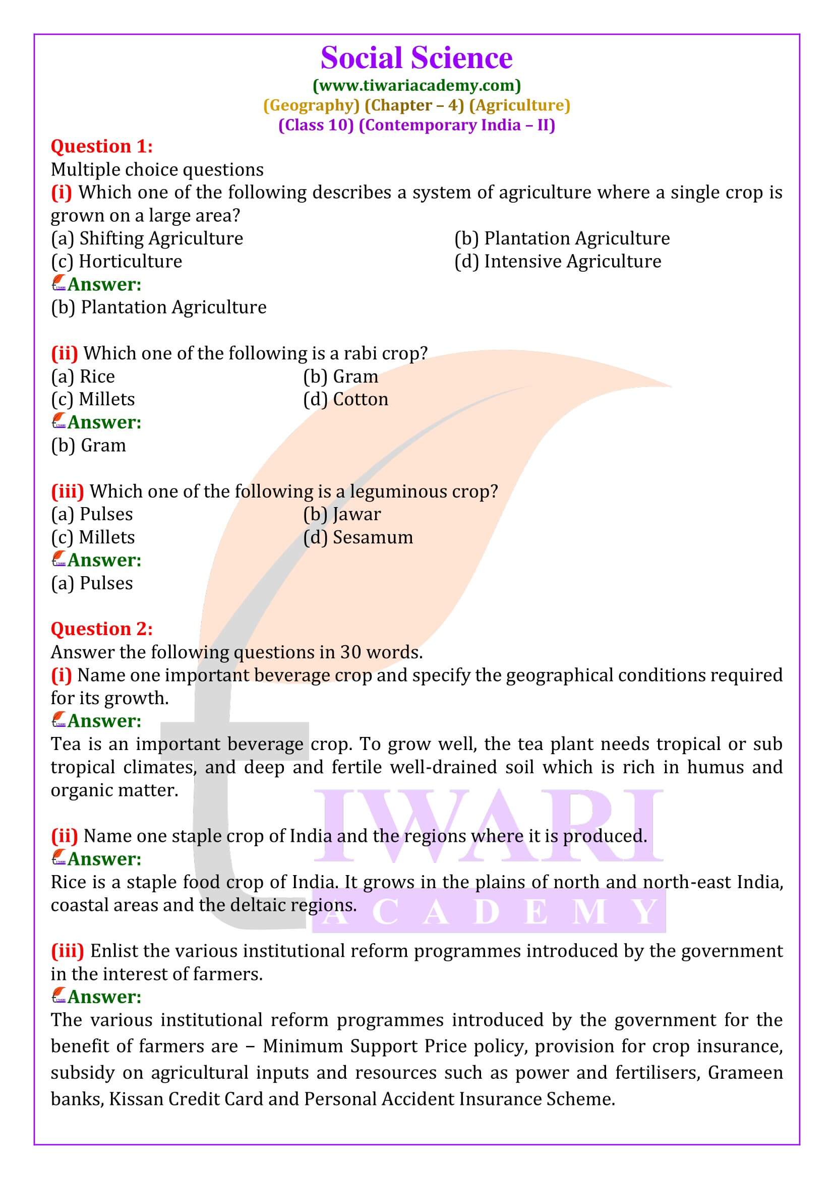 Class 10 Geography Chapter 4 Agriculture
