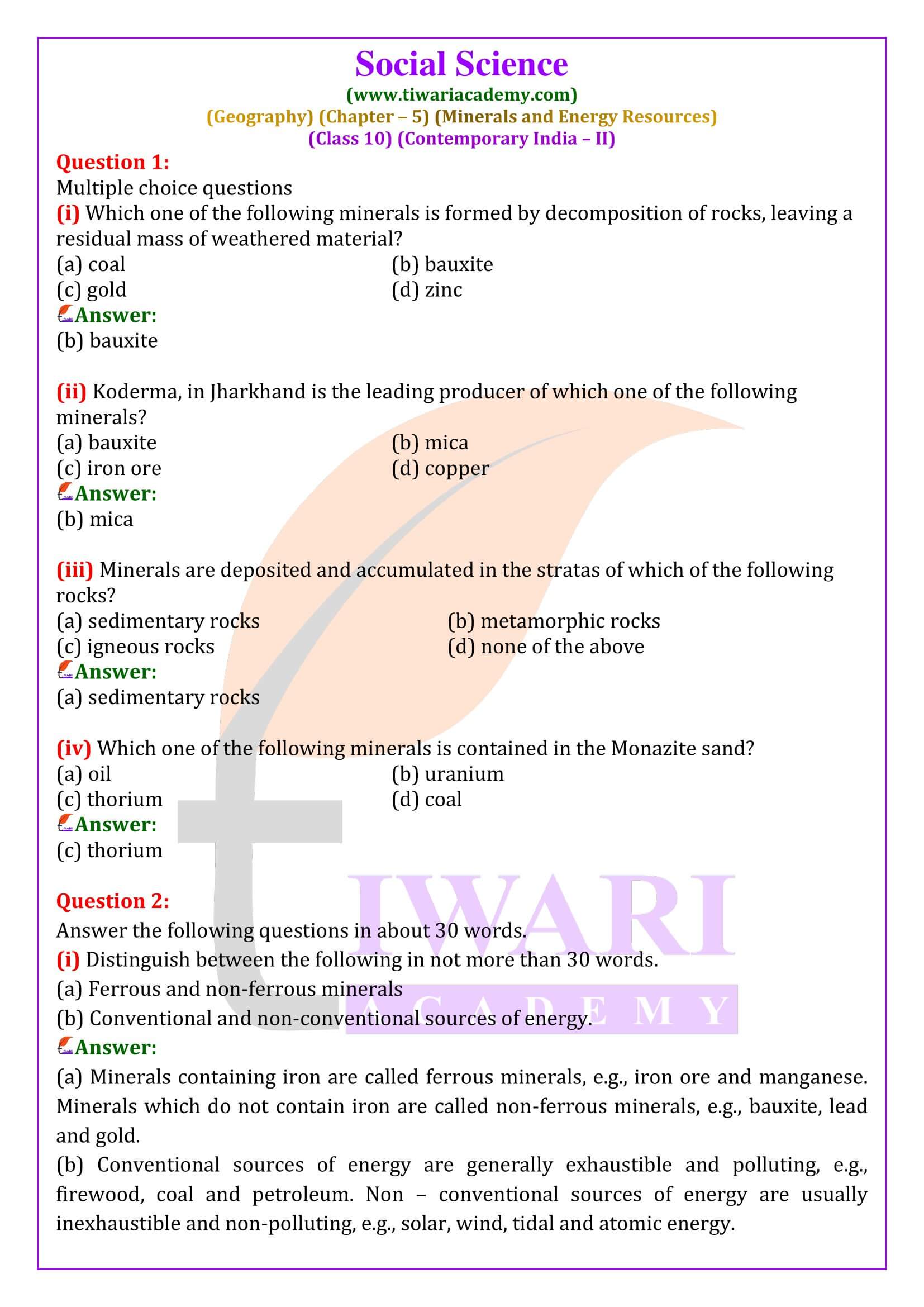 Class 10 Geography Chapter 5 Minerals and Energy Resources