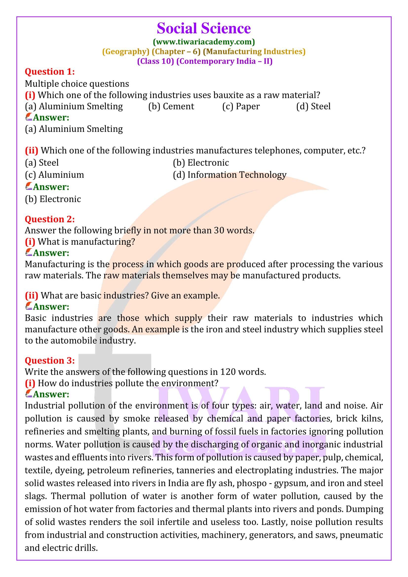Class 10 Geography Chapter 6 Manufacturing Industries