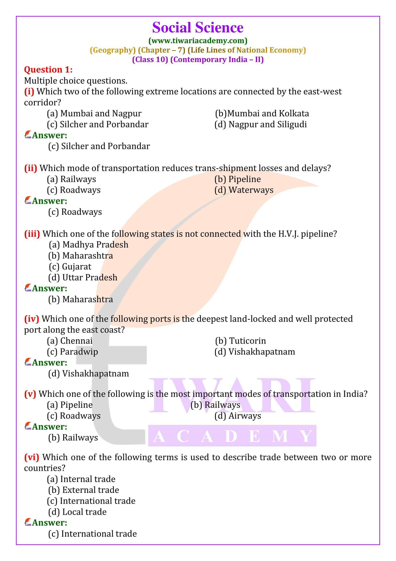 Class 10 Geography Chapter 7 Lifelines of National Economy