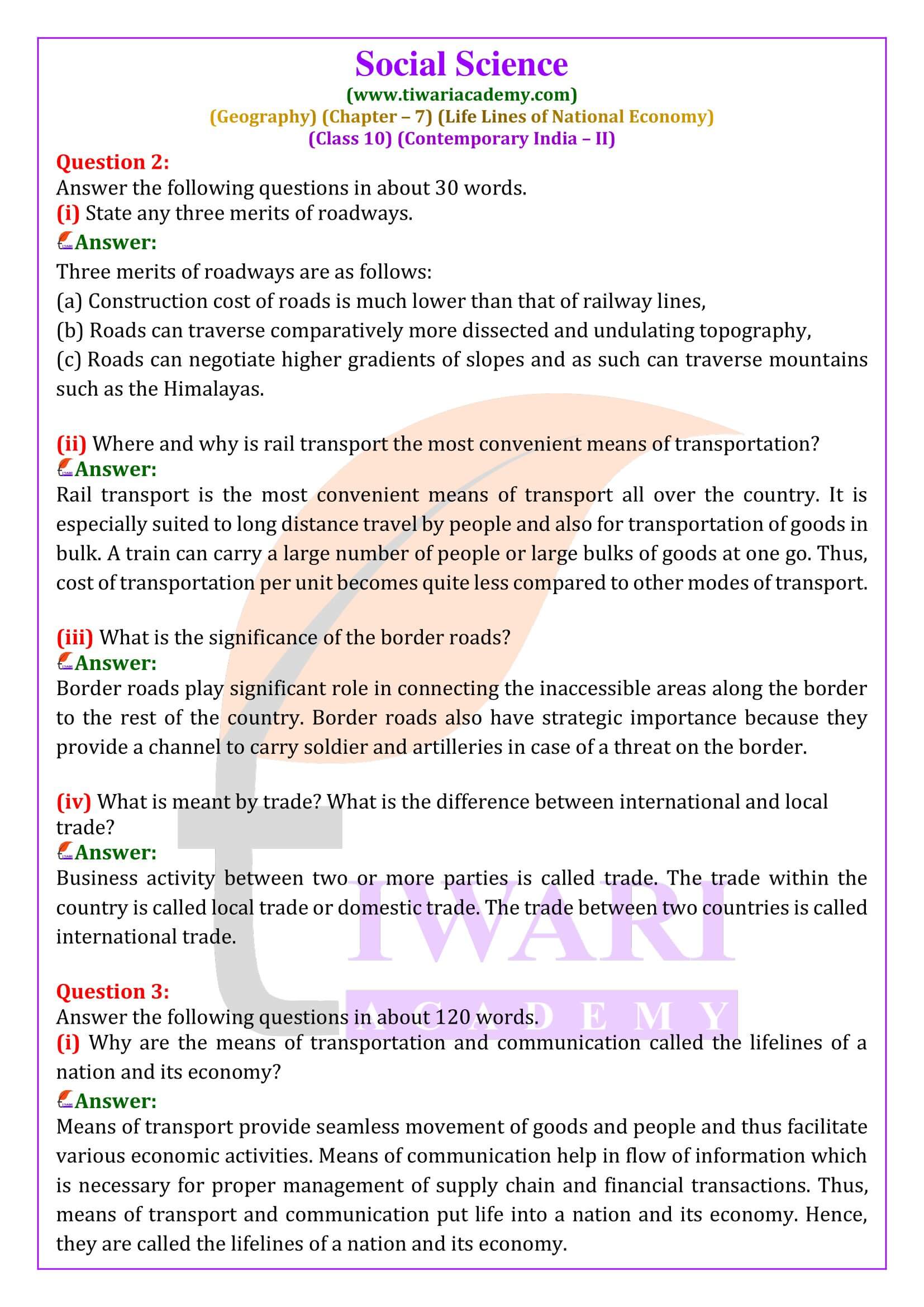NCERT Solutions for Class 10 Geography Chapter 7