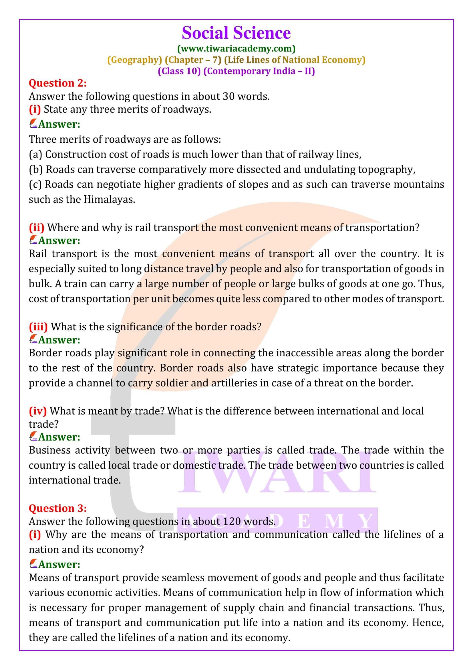 NCERT Solutions for Class 10 Geography Chapter 7