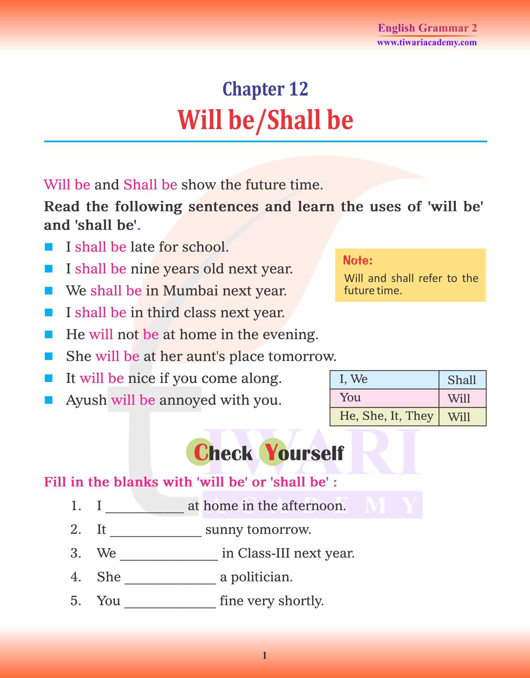 Class 2 English Grammar Chapter 12 Will be and Shall be