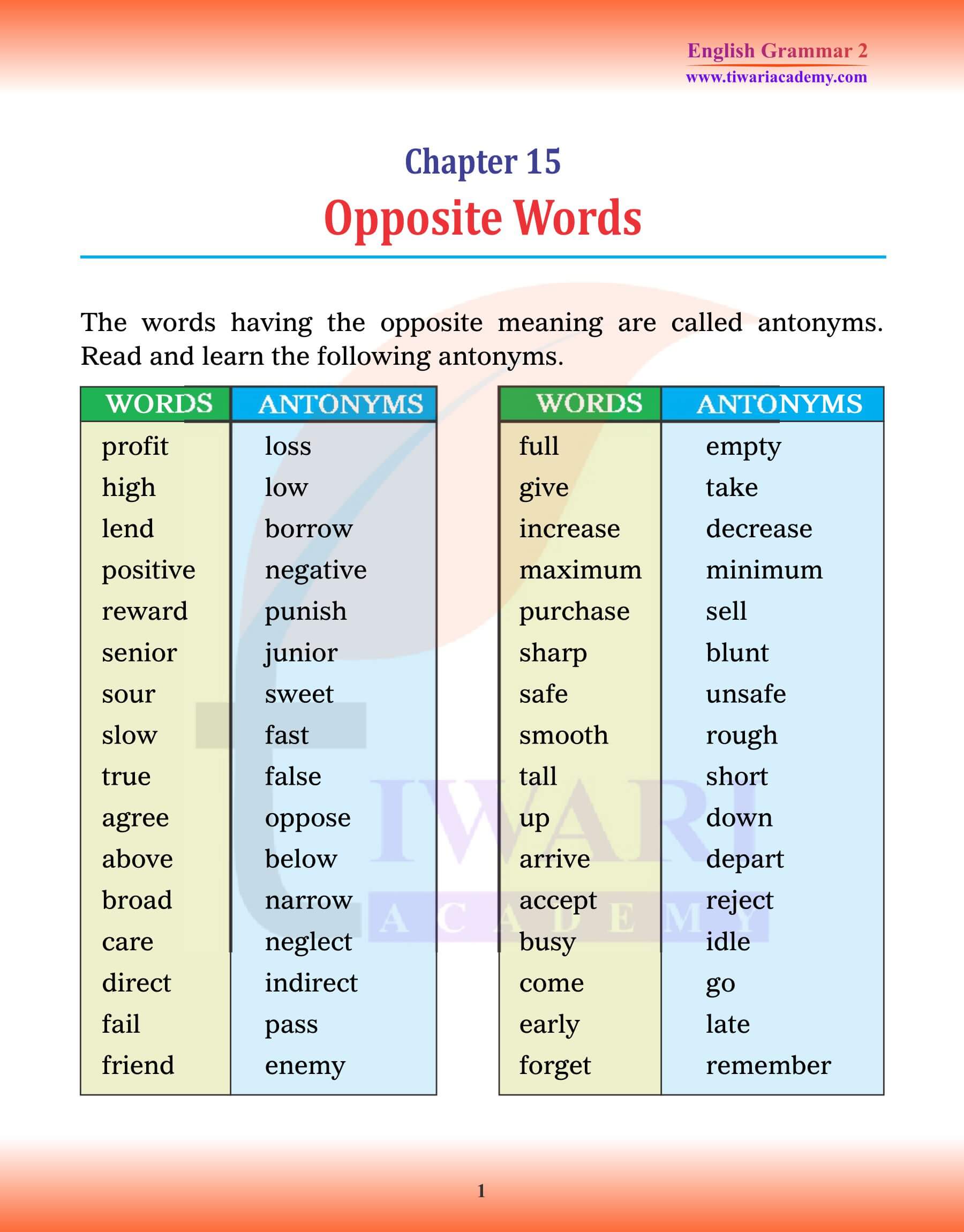 Class 2 English Grammar Chapter 15 Opposite Words