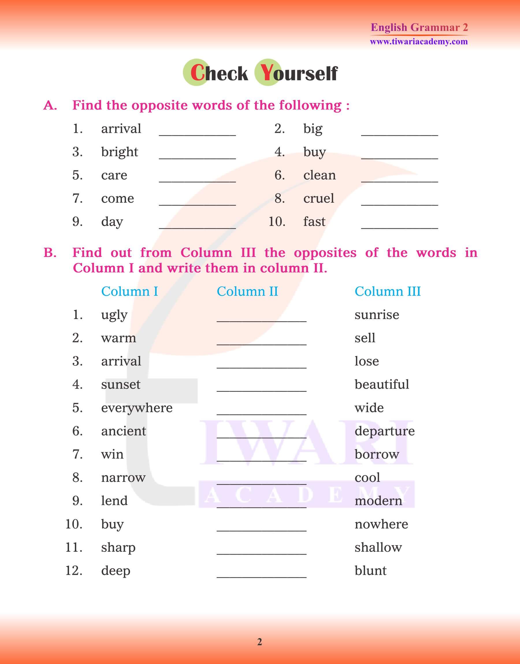 Class 2 English Grammar Examples of Opposite Words