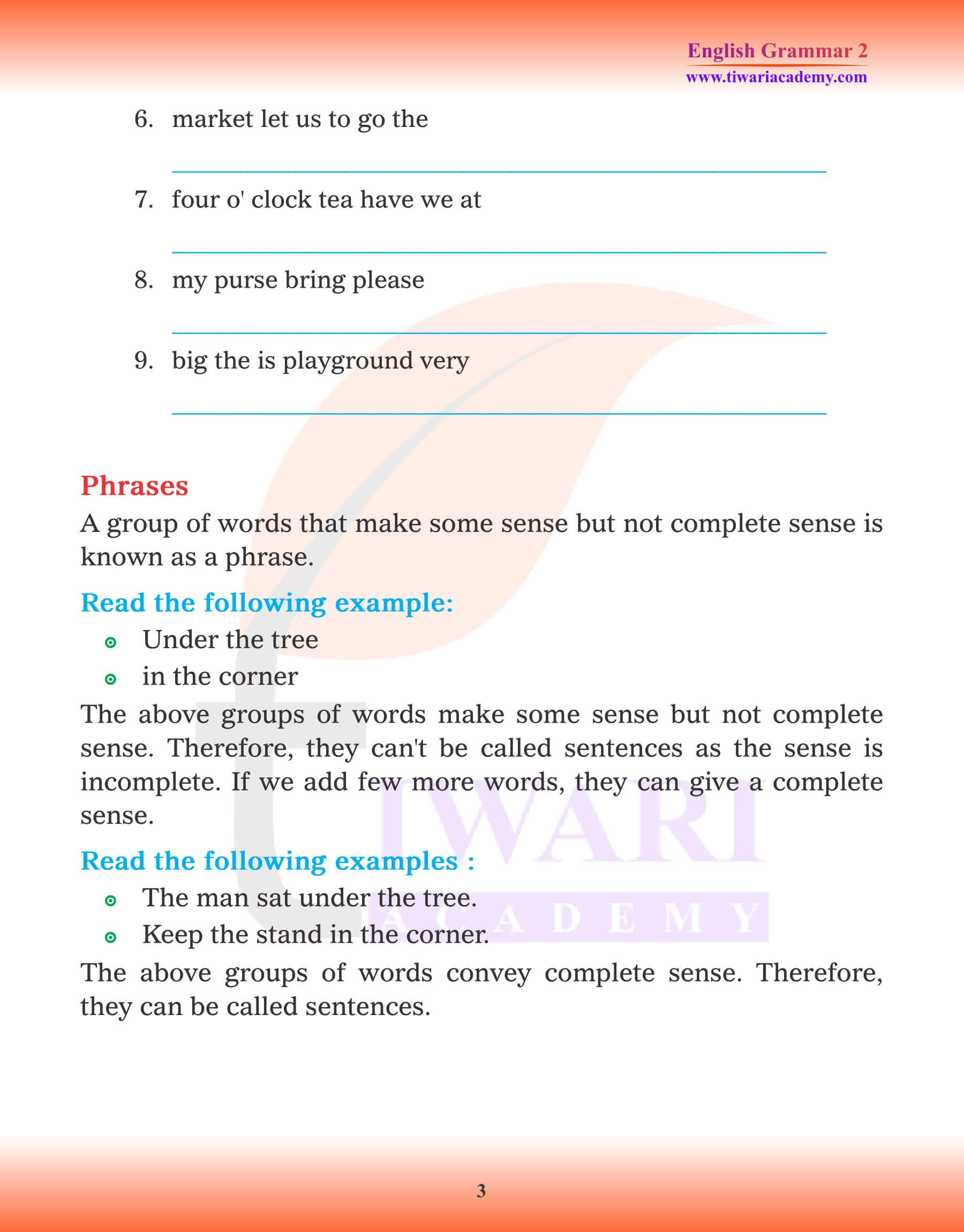 Class 2 English Grammar Chapter 4 Sentence and Phrase notes
