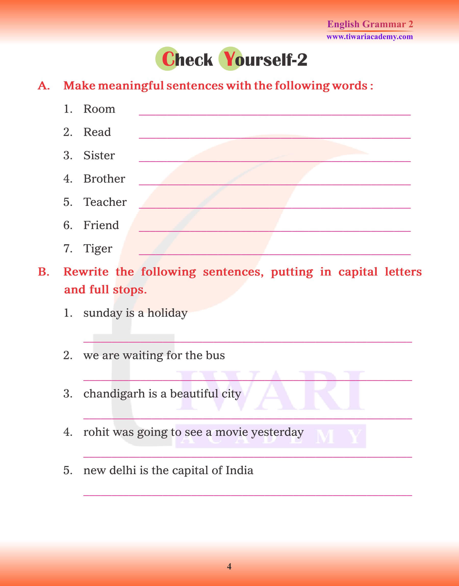 Class 2 English Grammar Chapter 4 Sentence and Phrase assignments