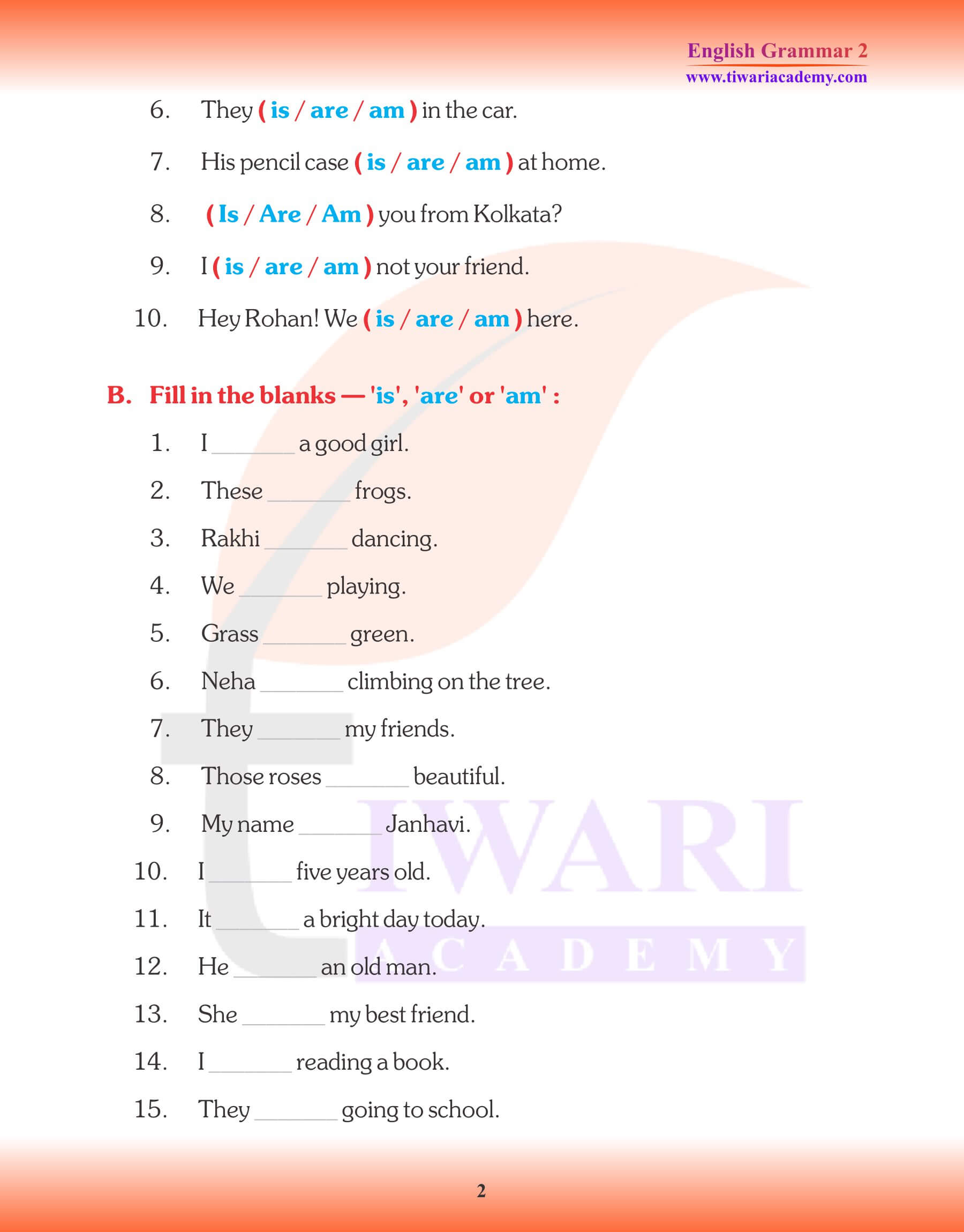 Class 2 English Grammar Chapter 10 Is, Am, and Are Assignments