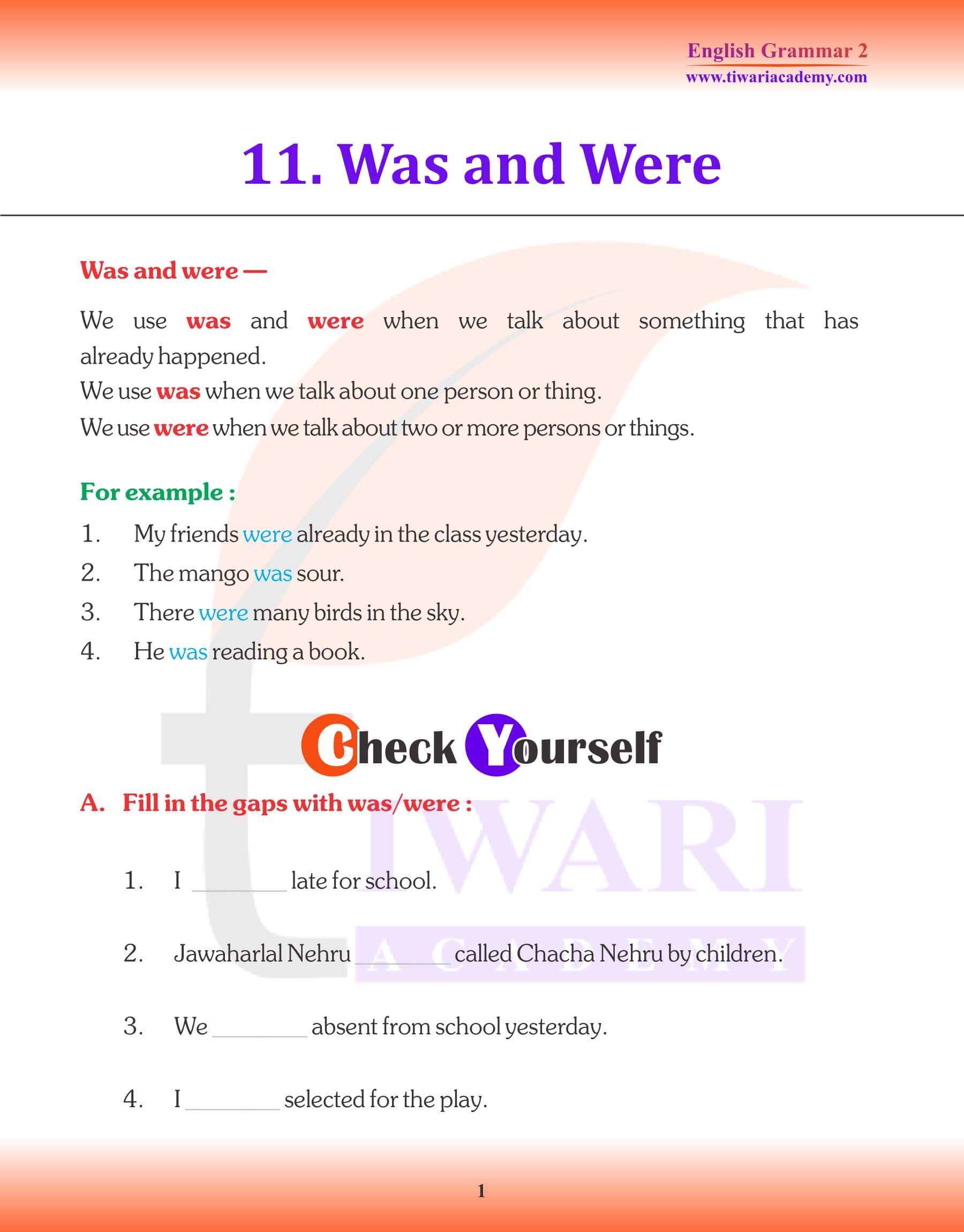 Class 2 English Grammar Chapter 11 Was and Were Revision Book