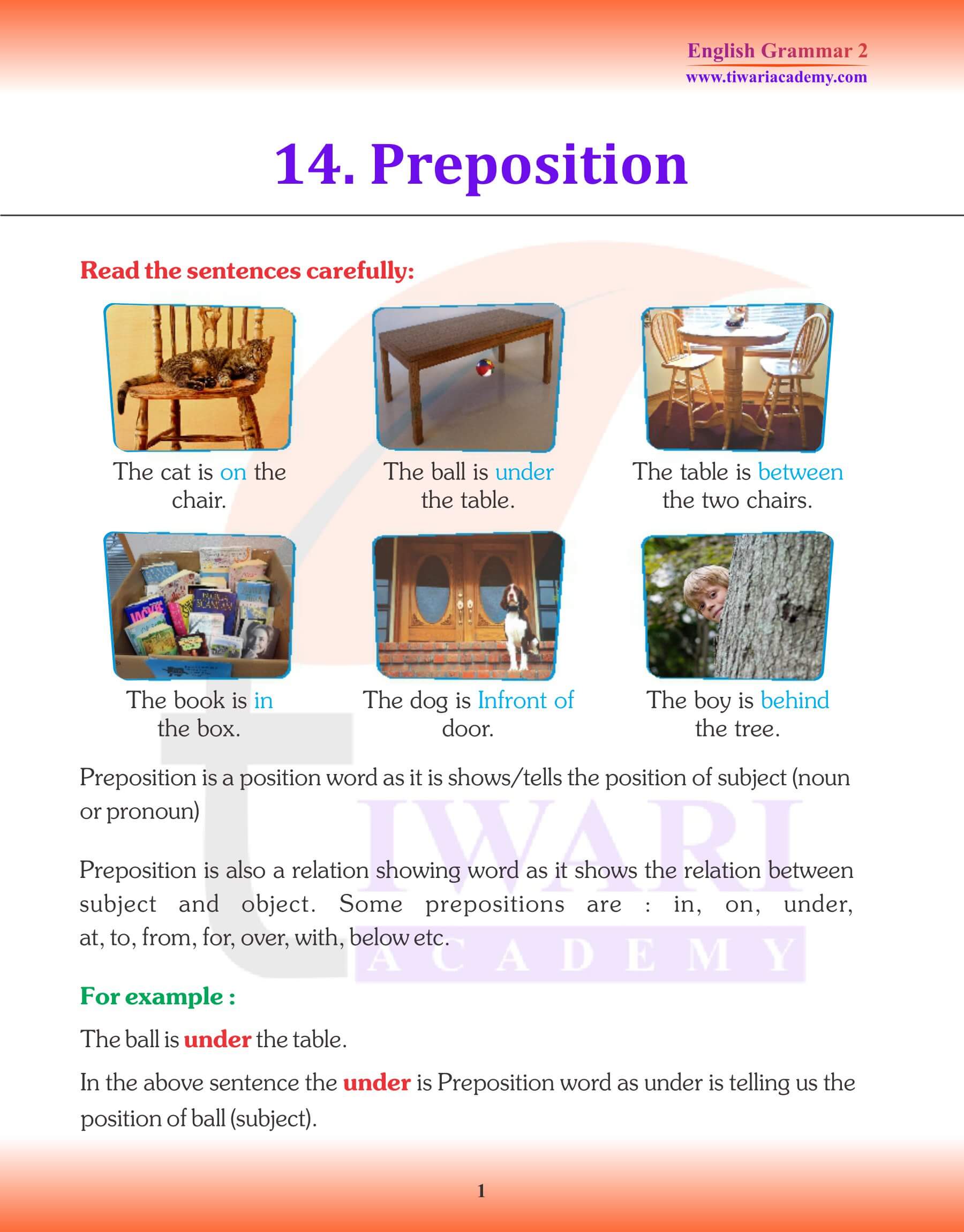Class 2 English Grammar Chapter 14 Preposition Revision Book