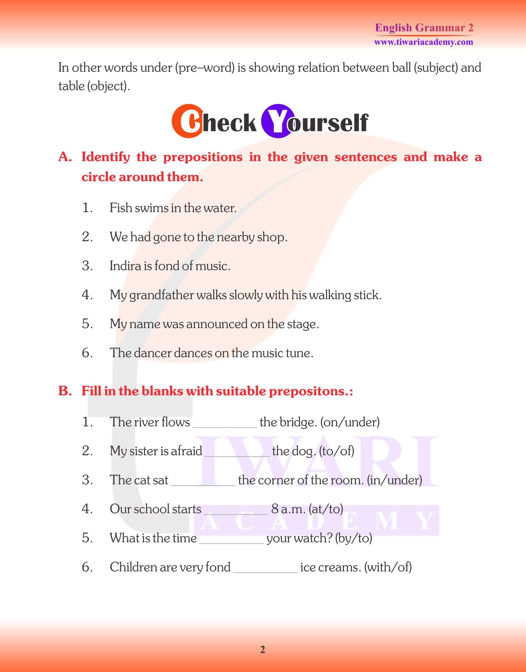 Class 2 English Grammar Preposition Worksheets