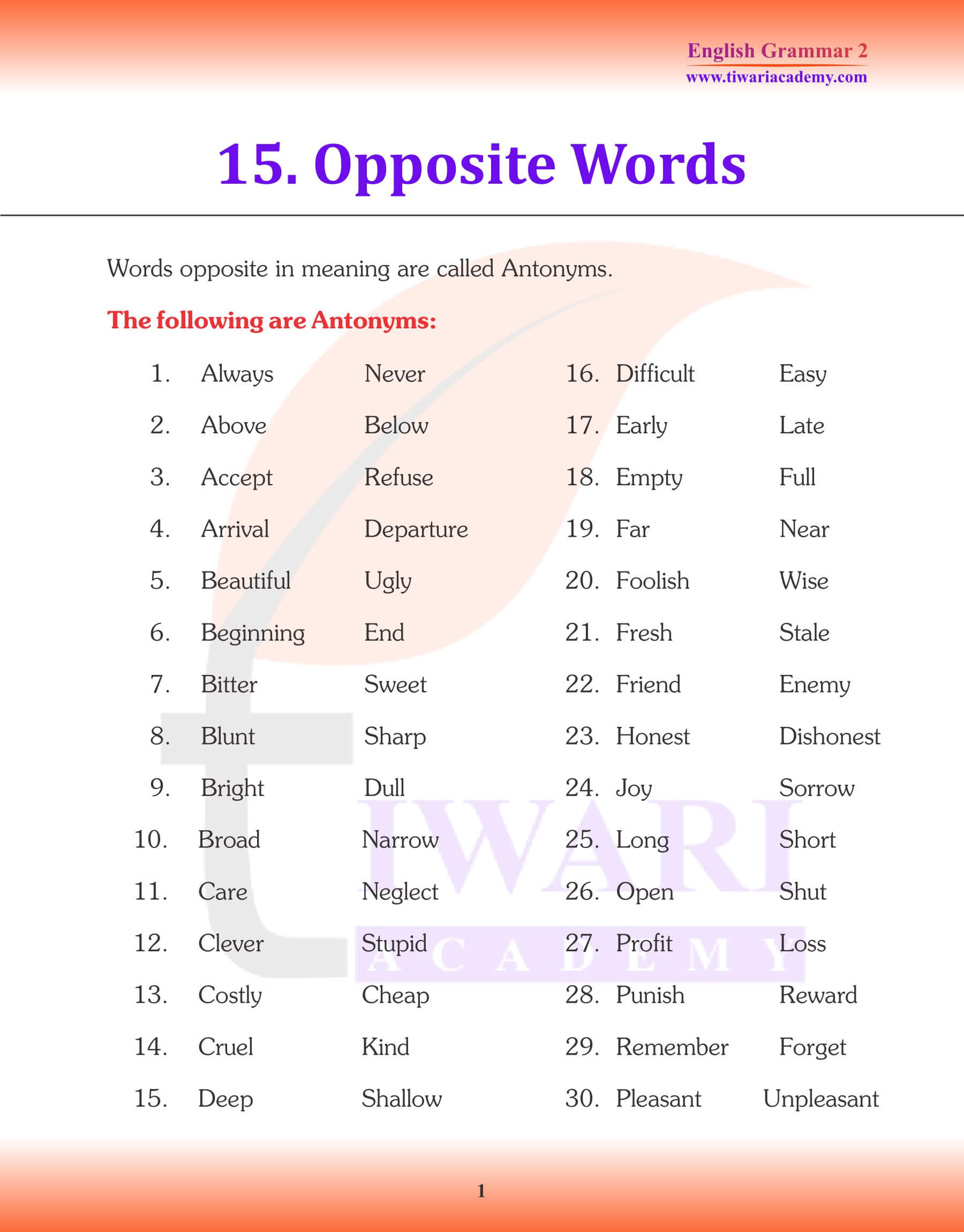 Class 2 English Grammar Chapter 15 Opposite Words Revision Book