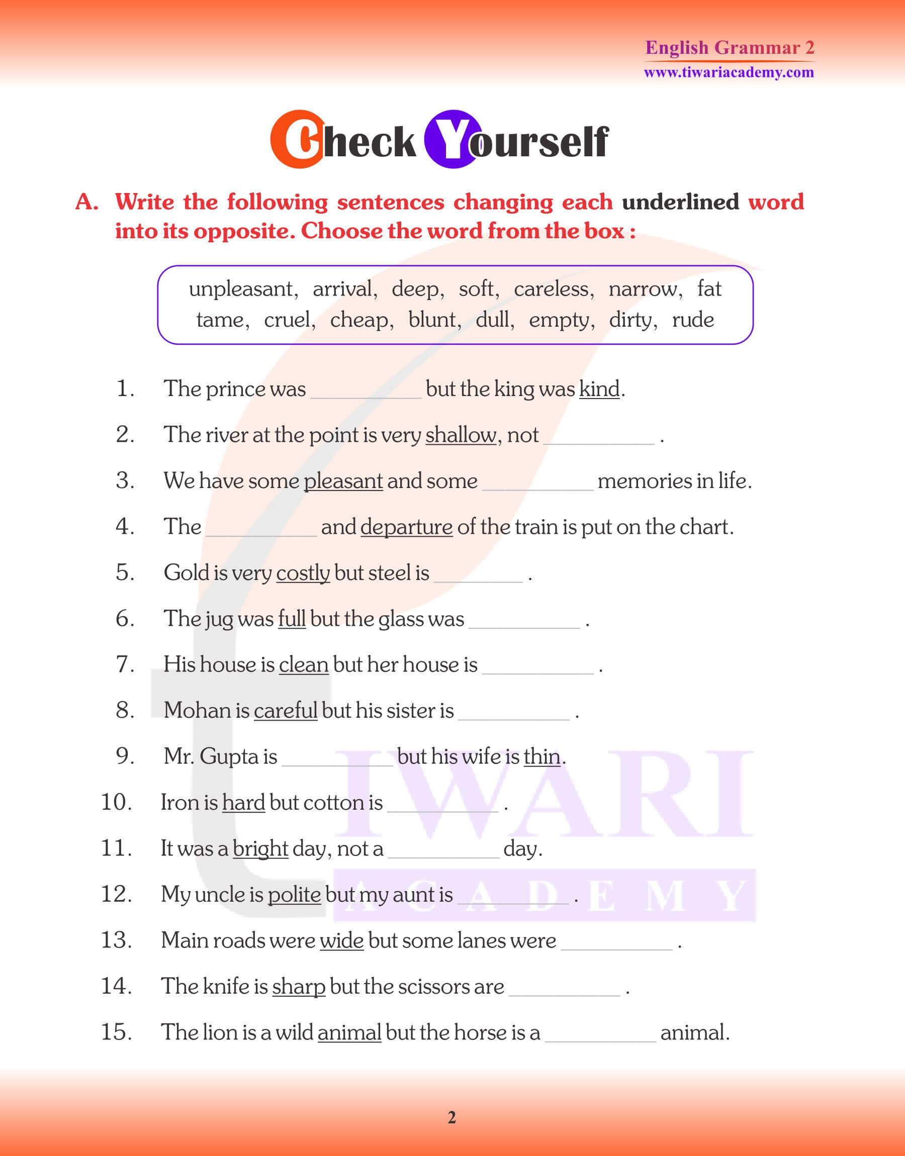 Class 2 English Grammar Opposite Words Assignments