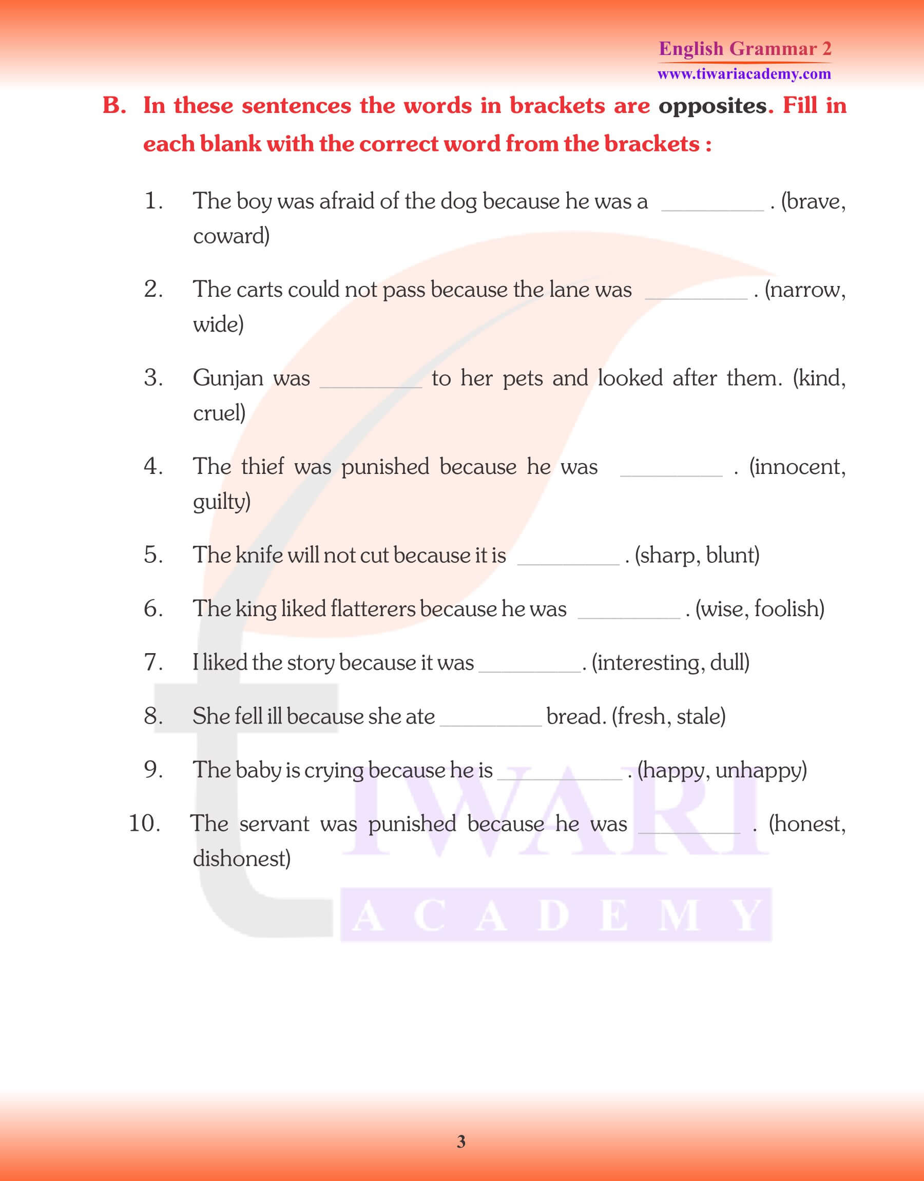 Class 2 English Grammar Opposite Words Worksheets