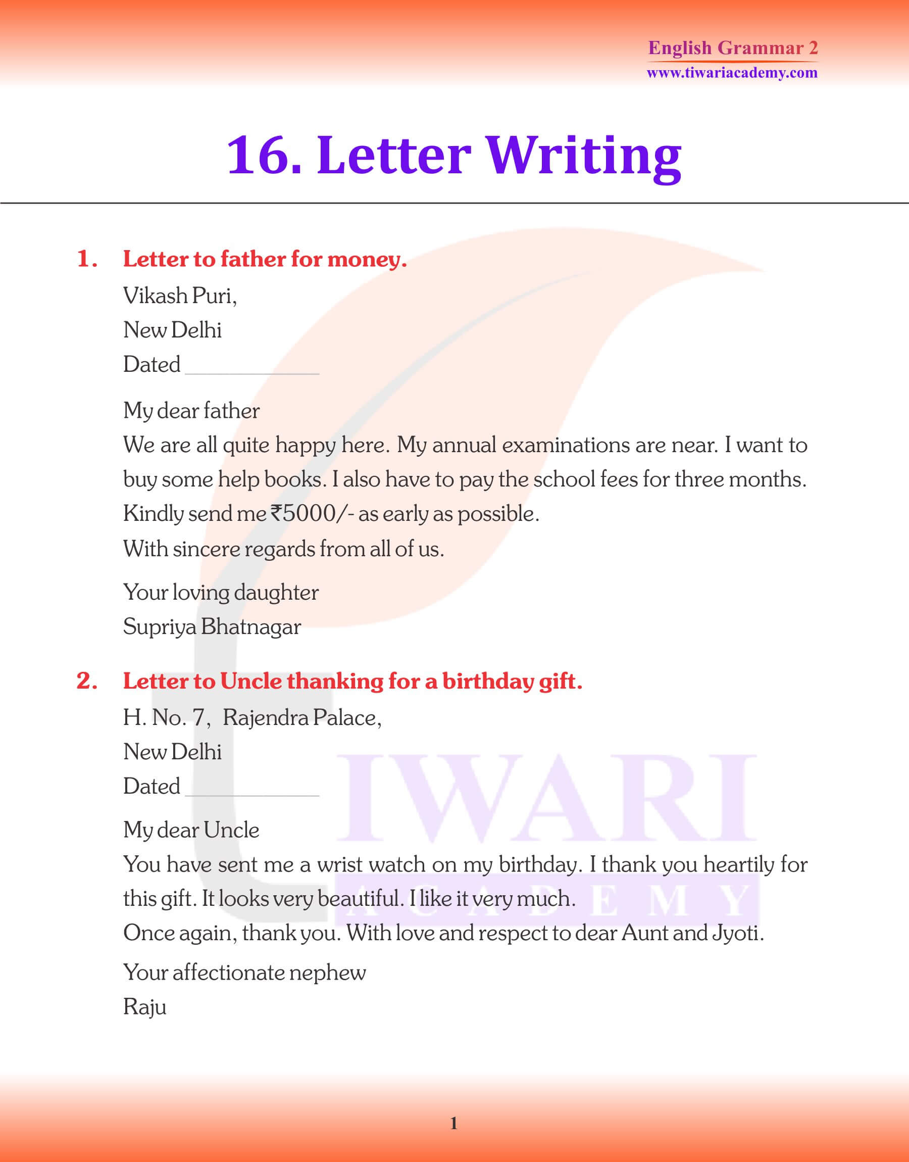 Class 2 English Grammar Chapter 16 Letter Writing Revision Book