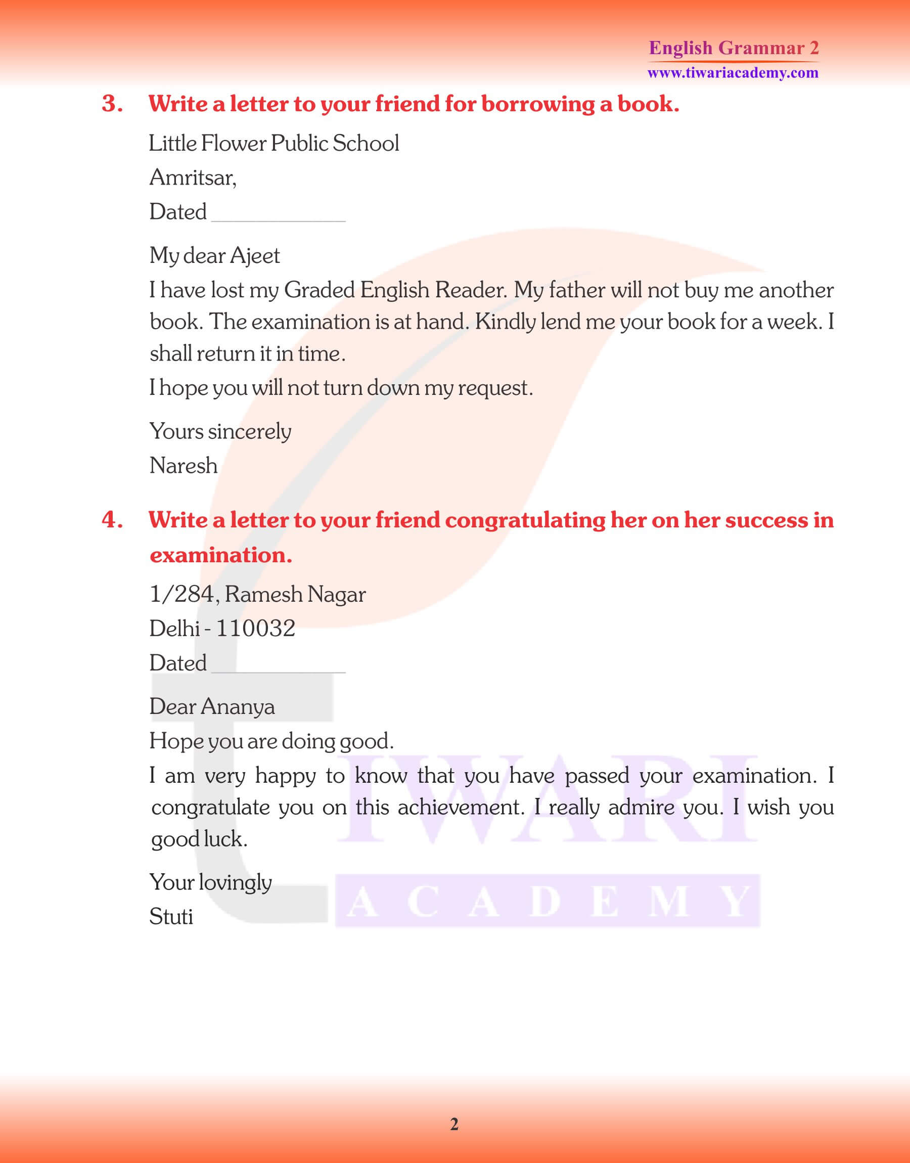 Class 2 English Grammar Letter Writing Worksheets