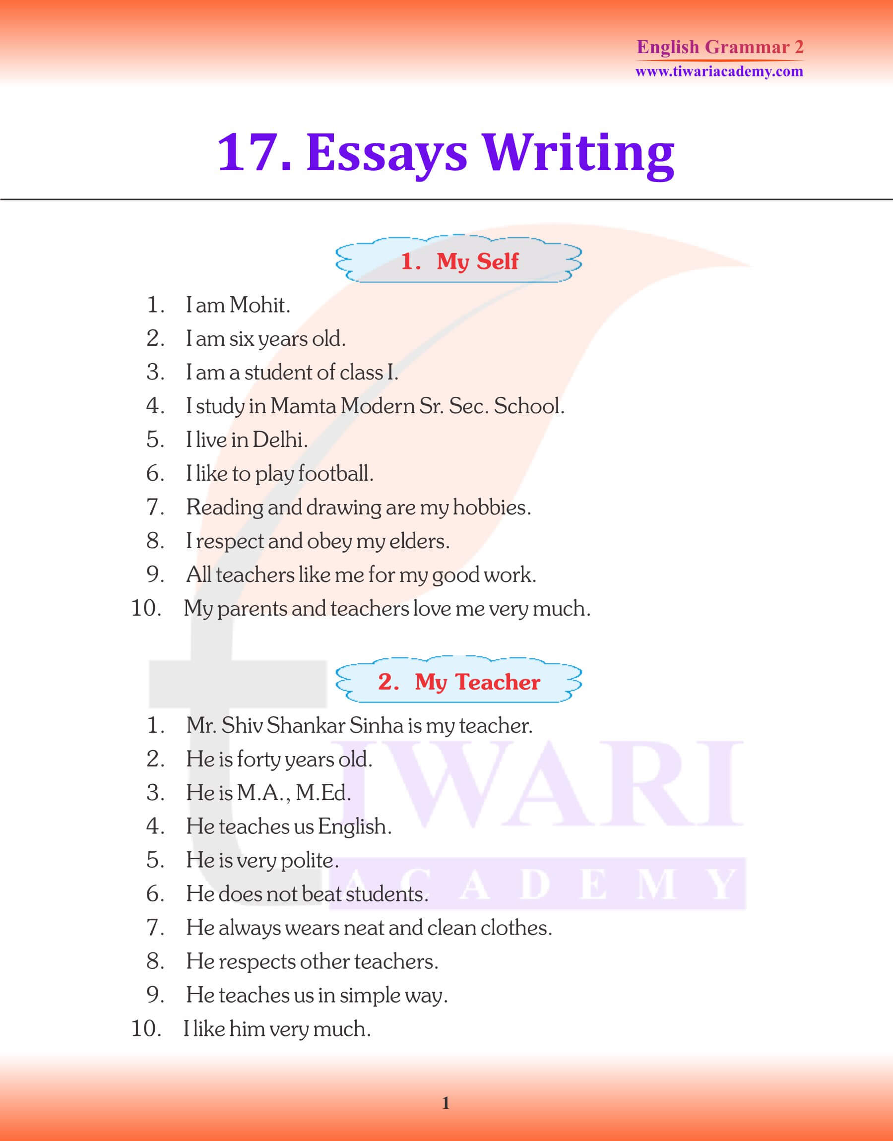 Class 2 English Grammar Essays Writing