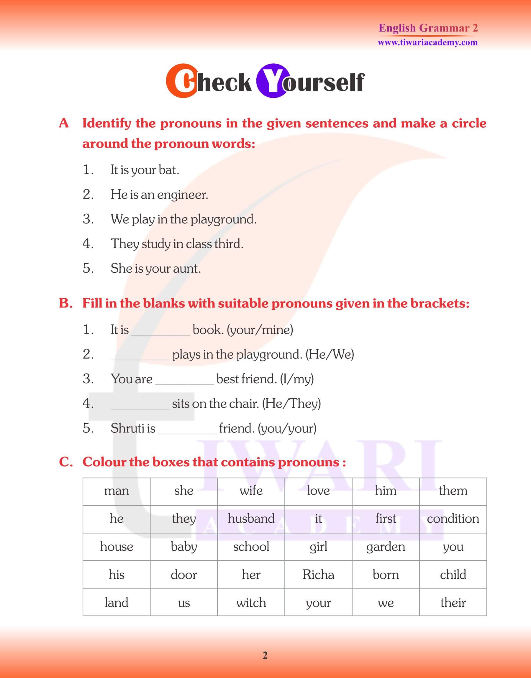 Class 2 English Grammar Chapter 6 Pronoun Question Answers