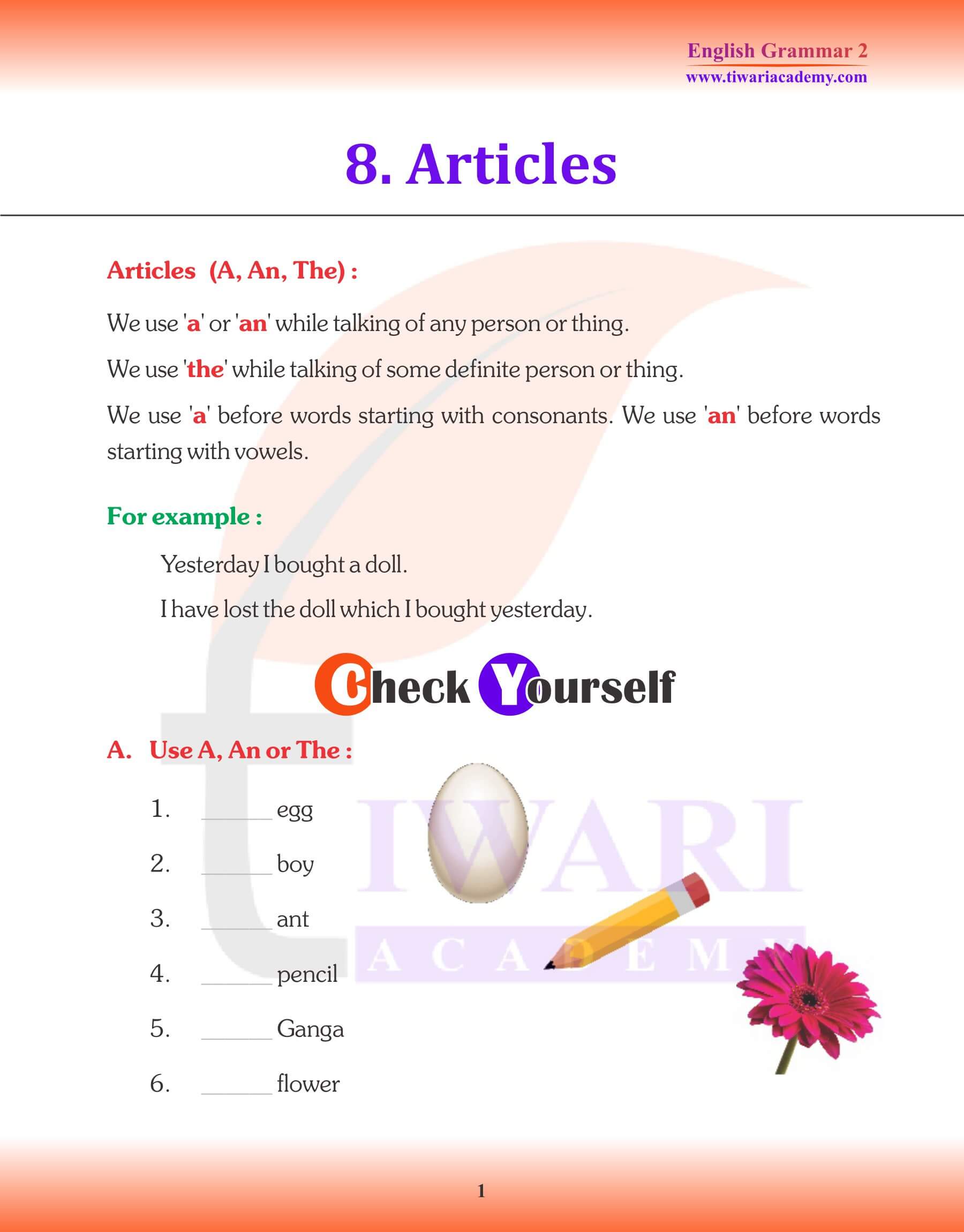 Class 2 English Grammar Chapter 8 Articles Revision Book