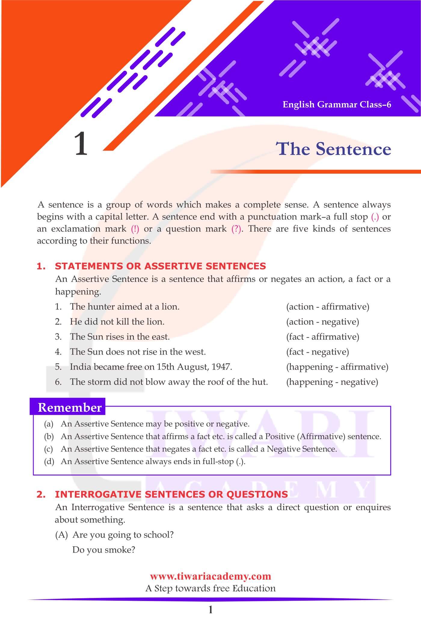 Class 6 English Grammar Chapter 1 A sentence