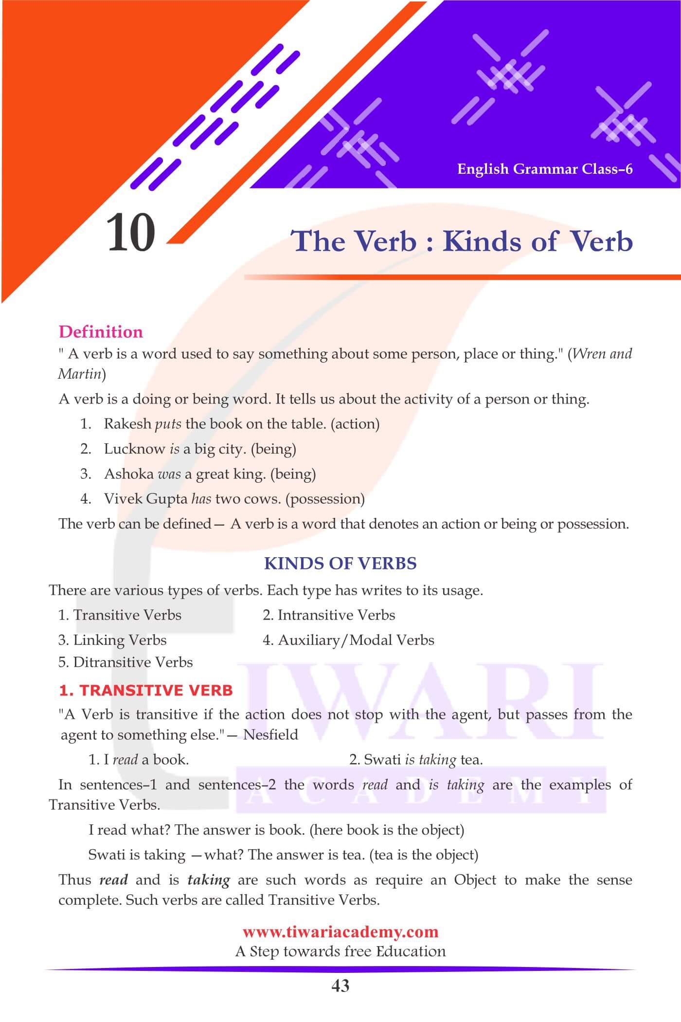 Class 6 English Grammar Chapter 10 The Verb Kinds of Verb