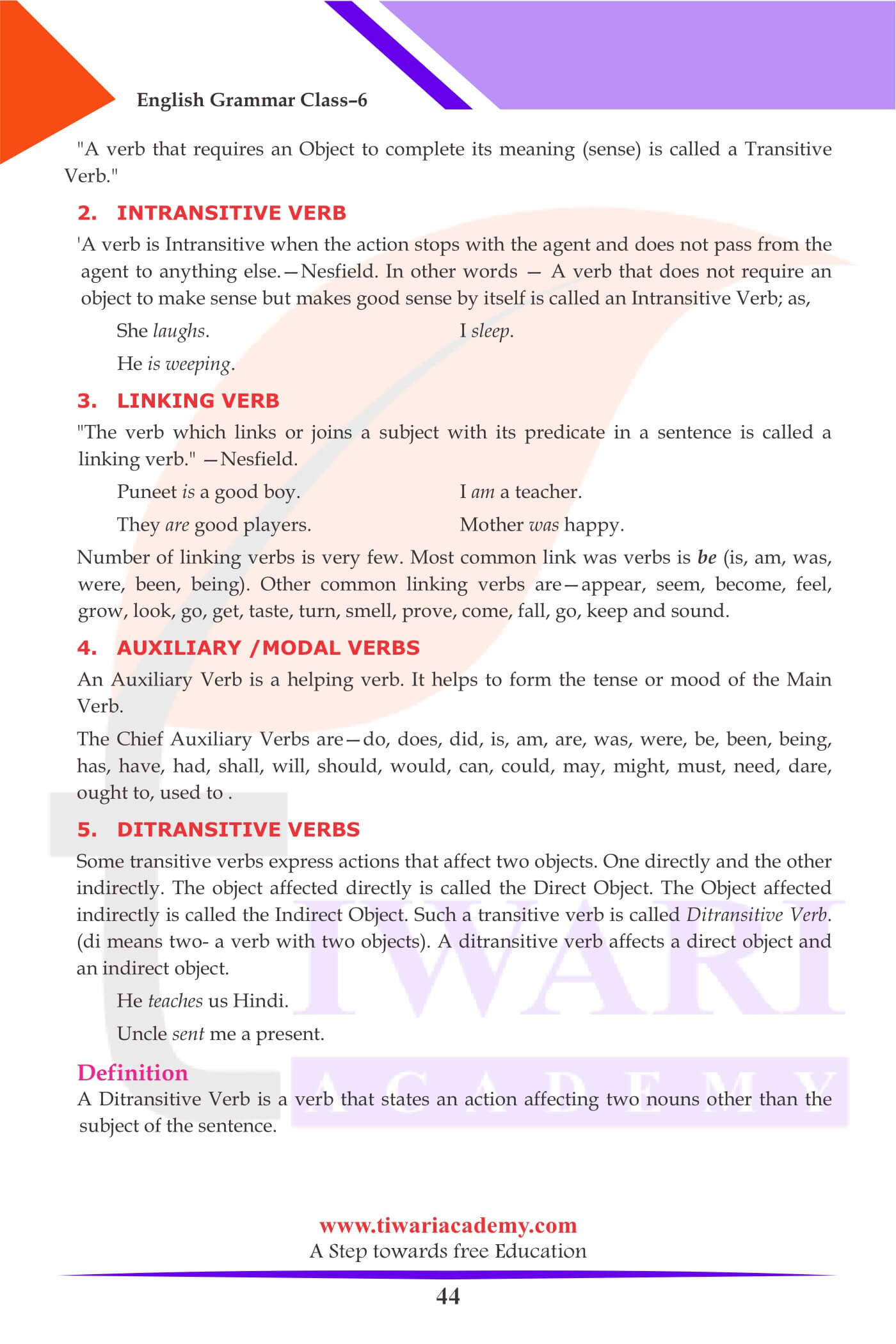 Class 6 English The Verb Kinds of Verb