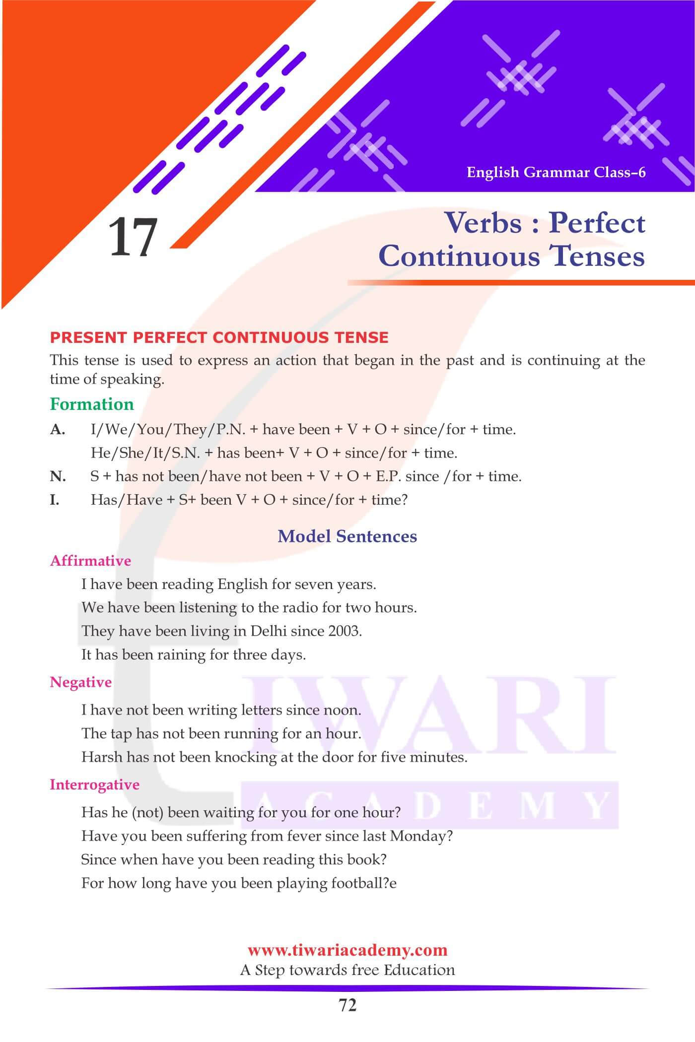 Class 6 English Grammar Chapter 17 Verbs Perfect Continuous Tense
