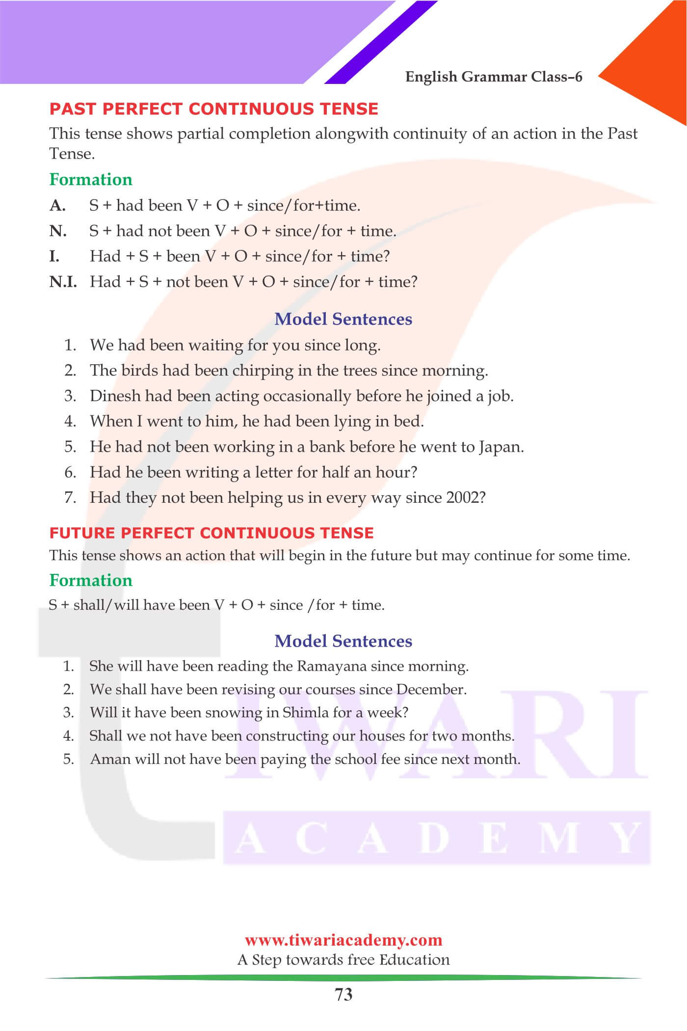 Class 6 Grammar Chapter 17 Verbs Perfect Continuous Tense