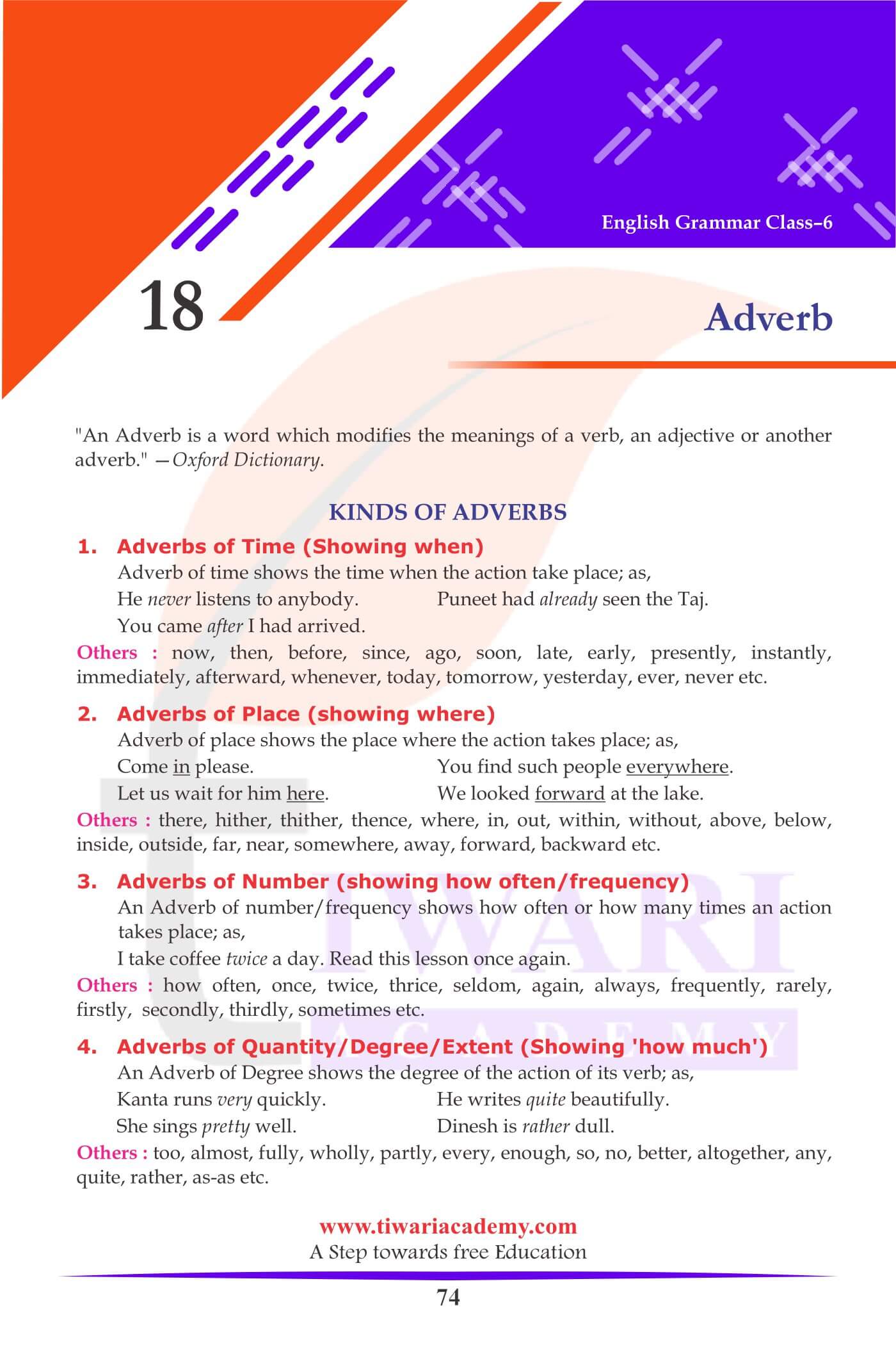 Class 6 English Grammar Chapter 18 Adverb