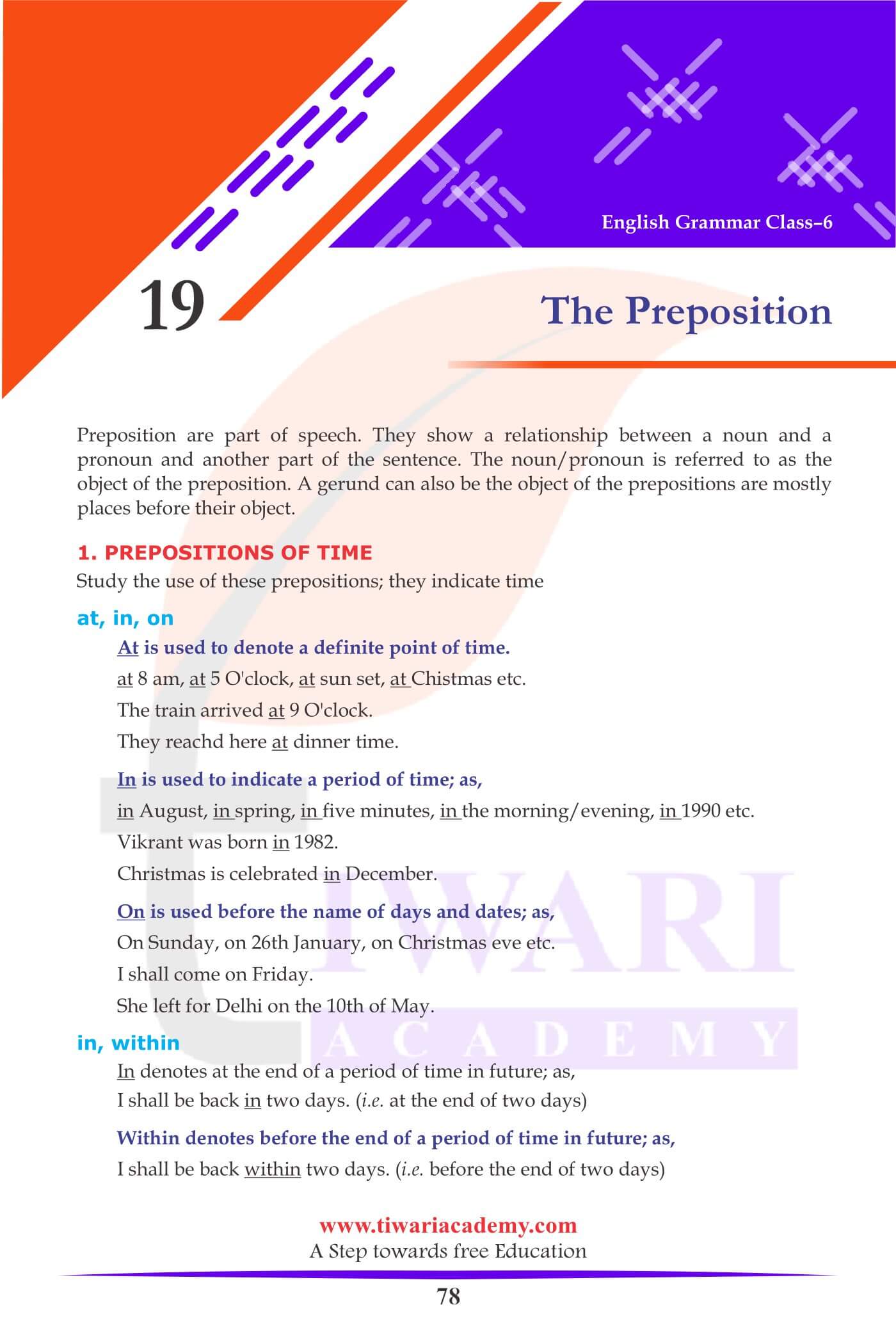 Class 6 English Grammar Chapter 19 the Preposition