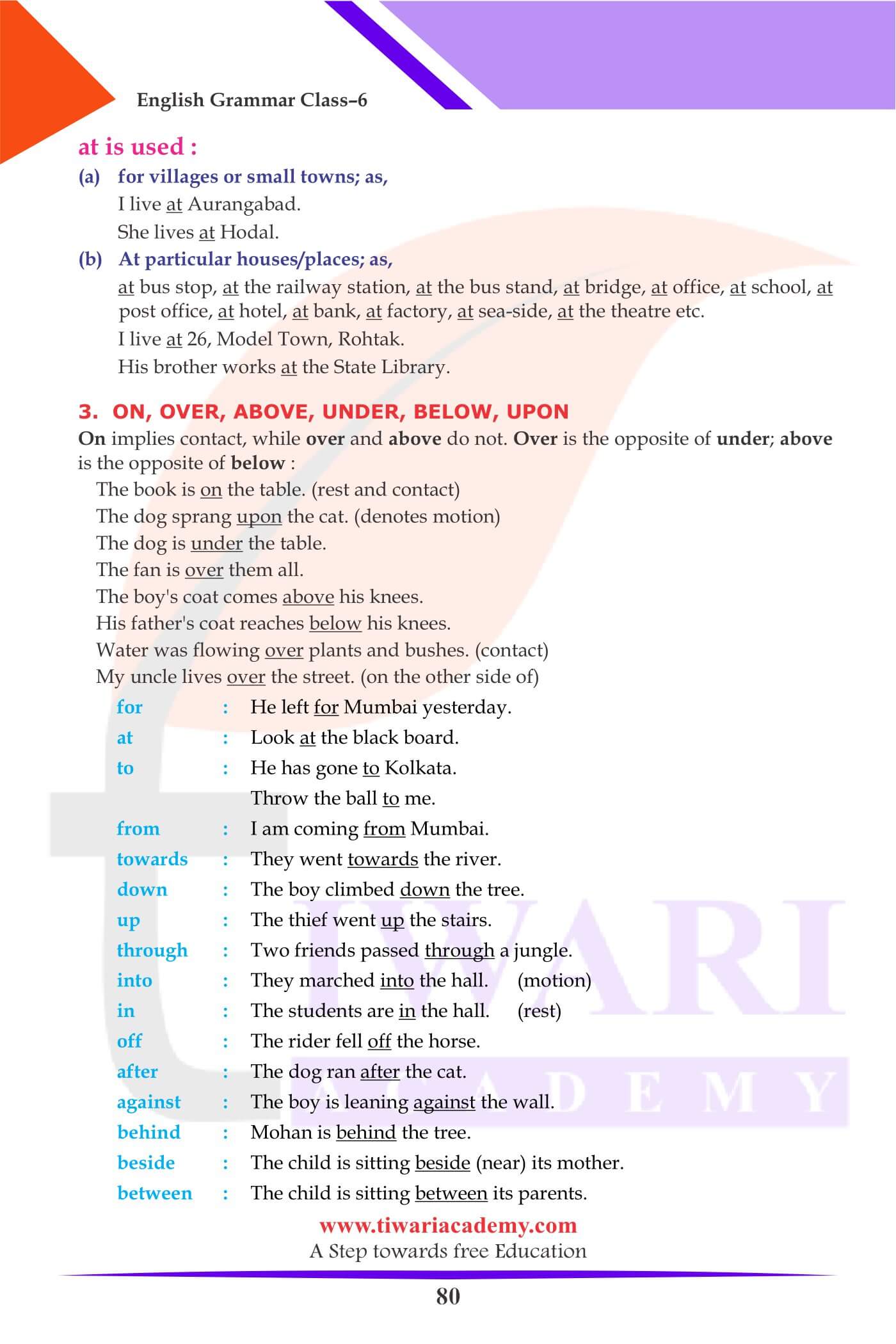 Class 6 Grammar the Preposition