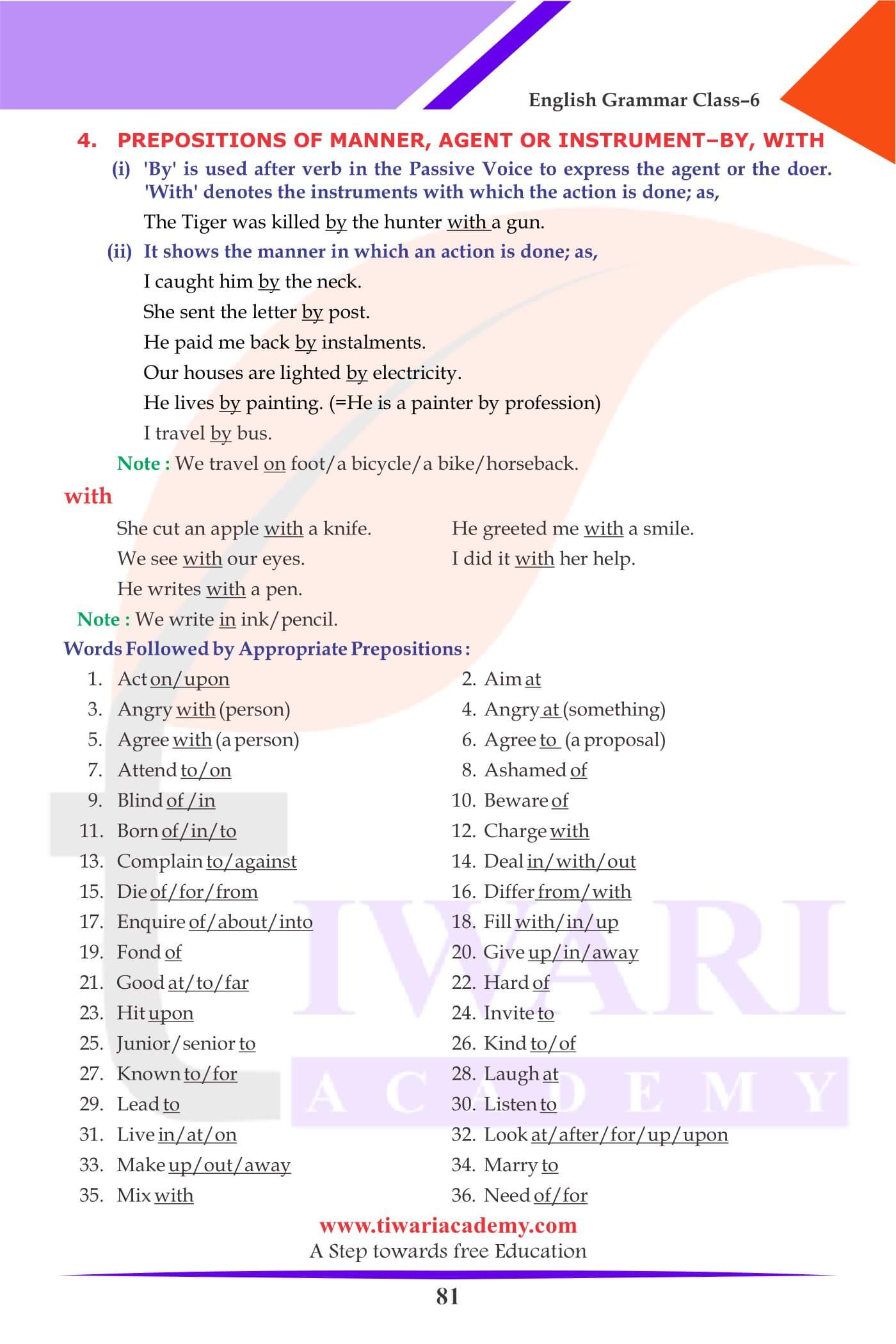 Class 6 Grammar Chapter 19 the Preposition