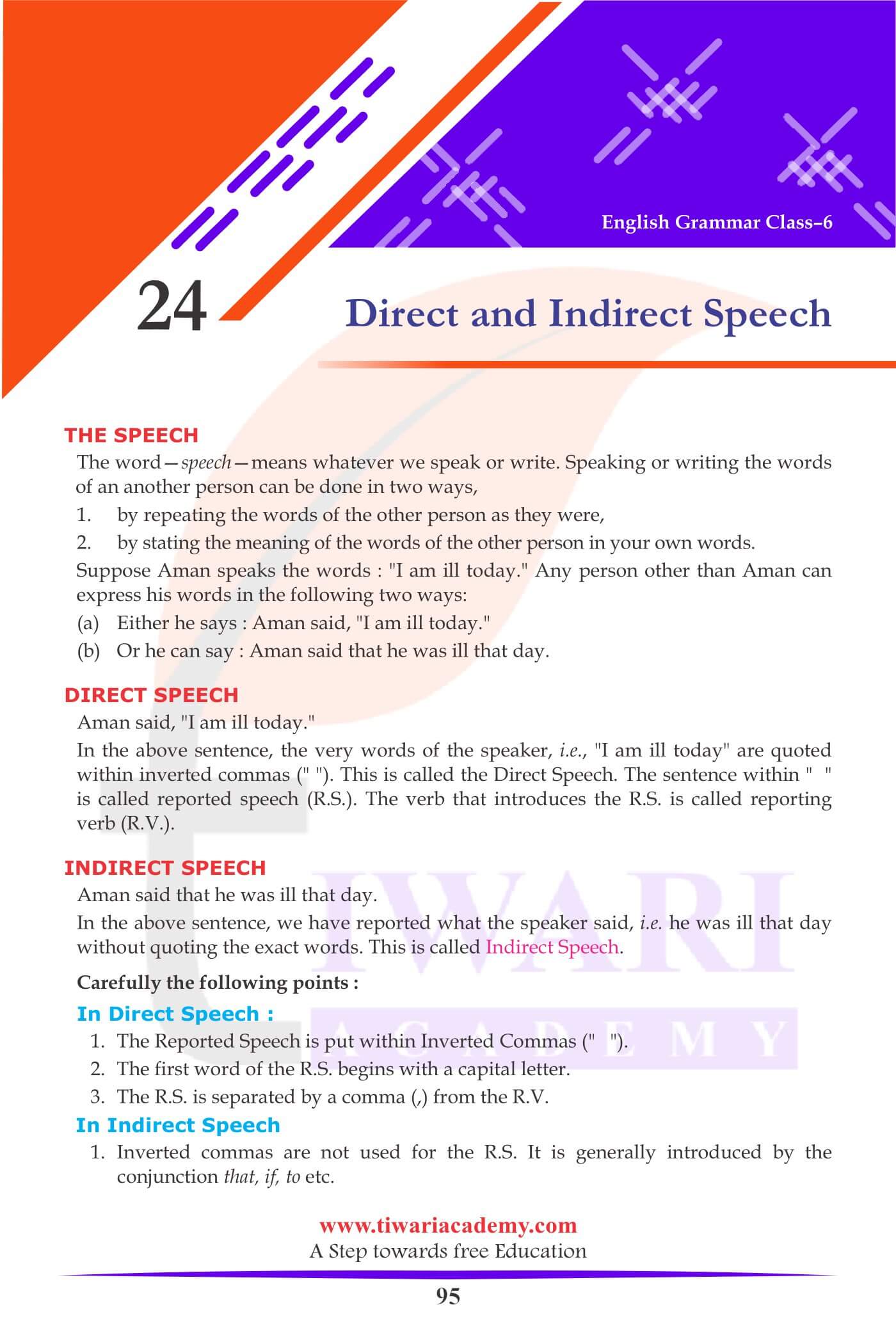 Class 6 English Grammar Chapter 24 Direct and Indirect Speech