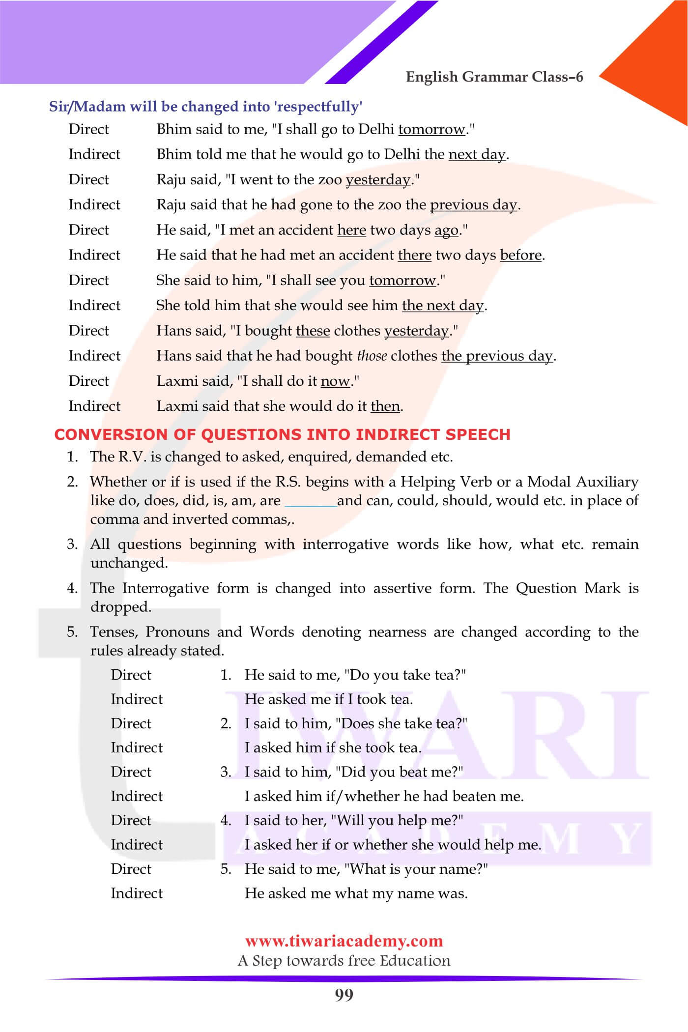 Class 6 English Grammar Chapter 24 Direct and Indirect Speech exercises