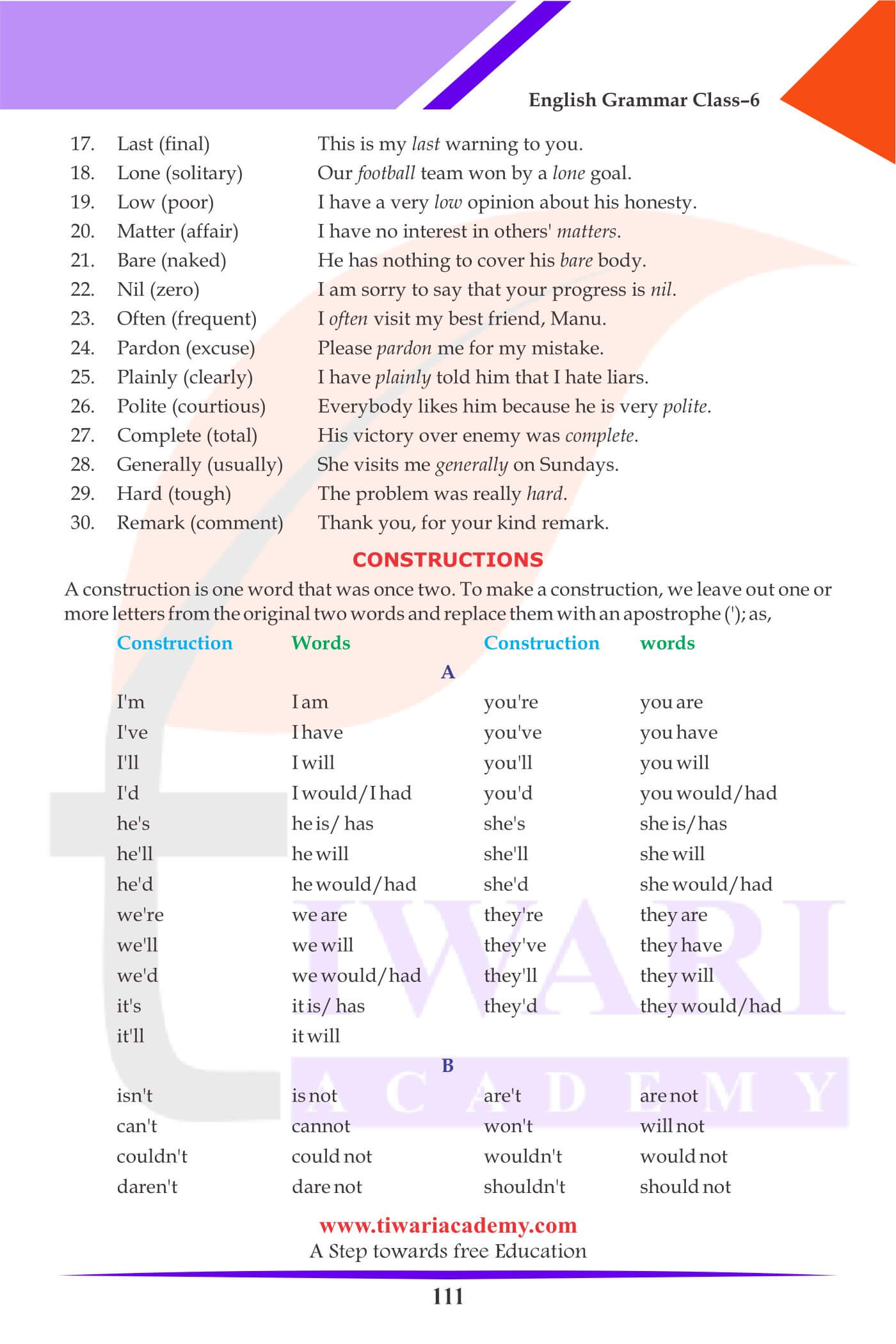 Class 6 English Grammar Vocabulary and Word Power notes