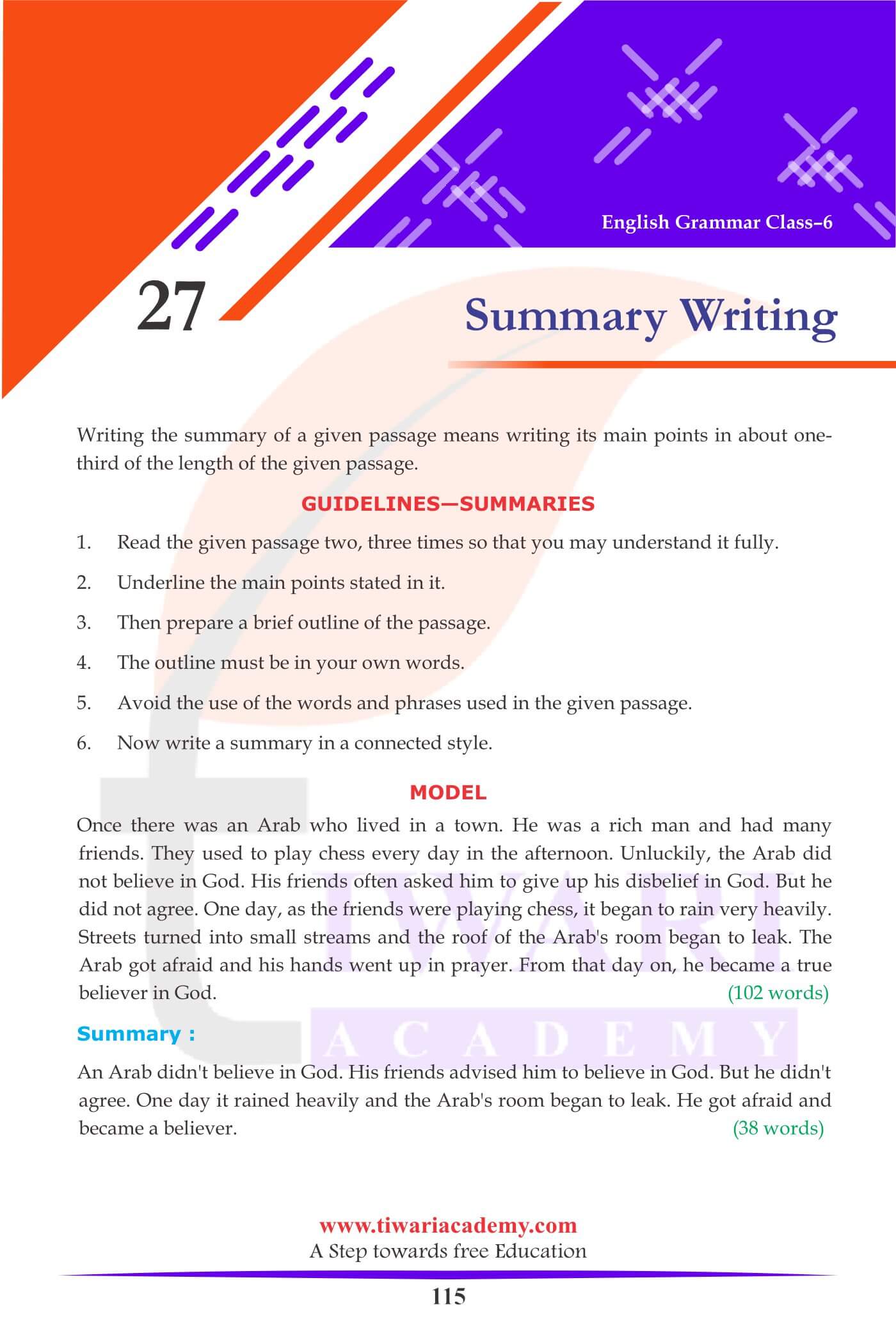 Class 6 English Grammar Chapter 27 Summary Writing