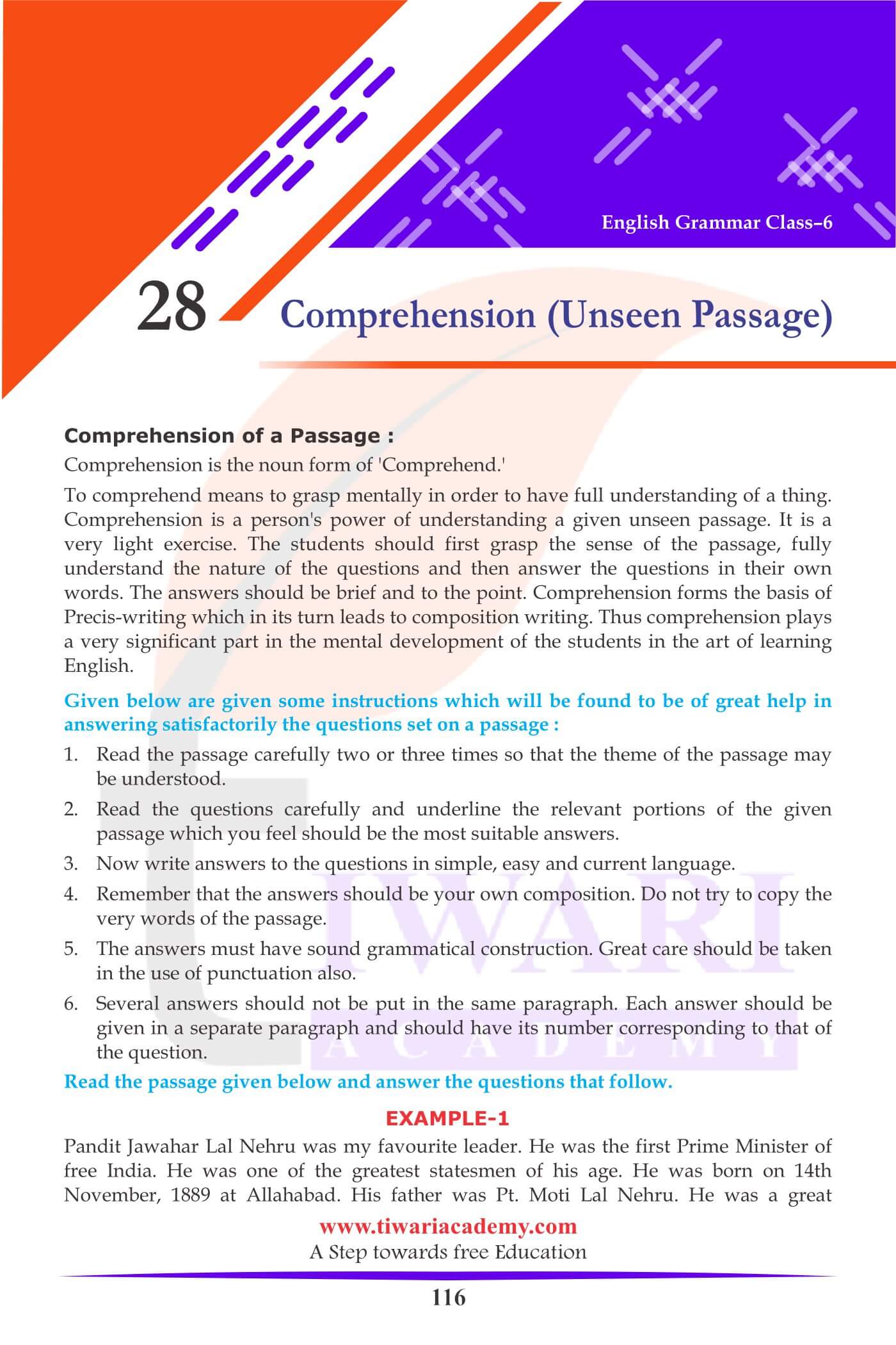 Class 6 English Grammar Chapter 28 Comprehension