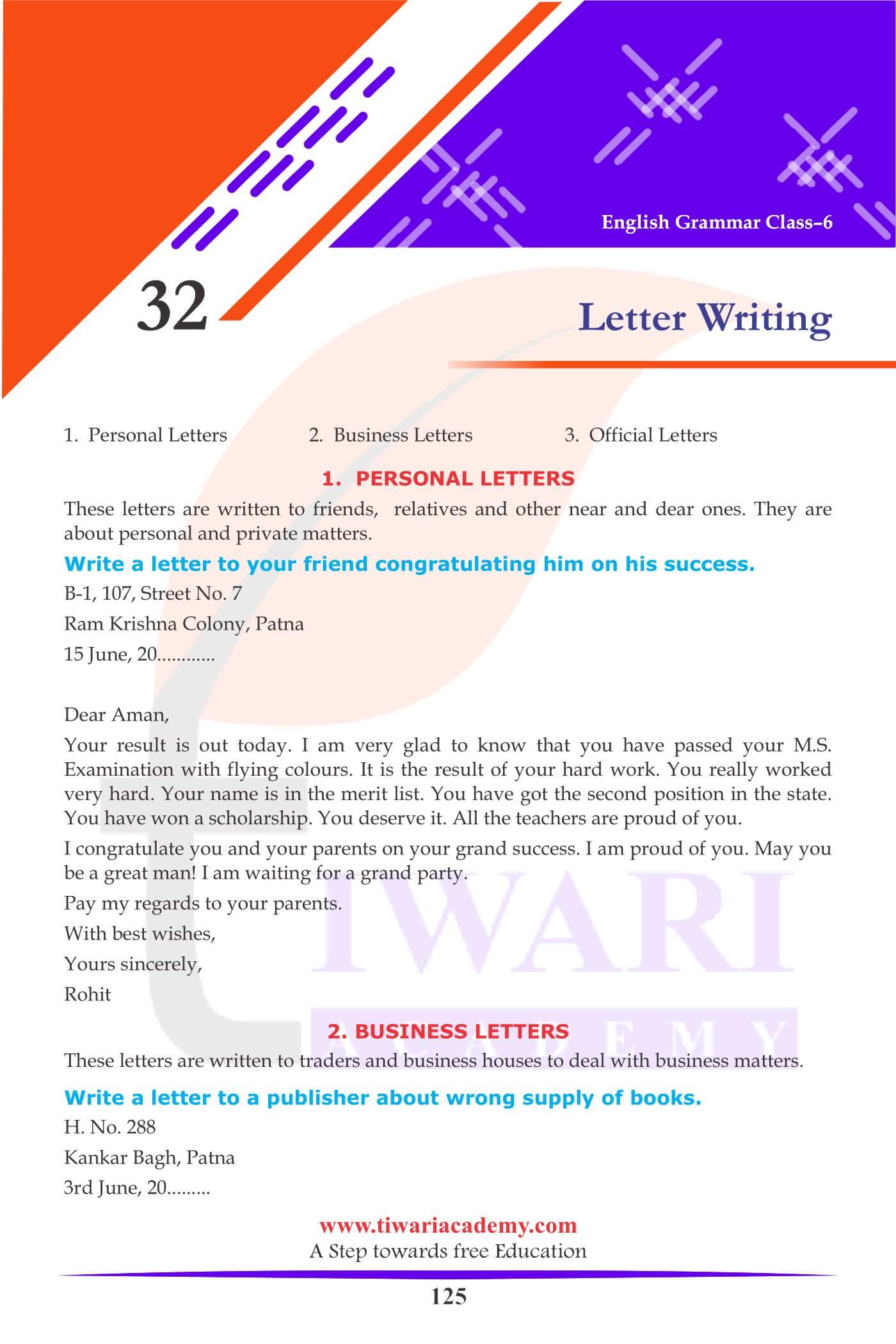 Class 6 English Grammar Chapter 32 Letter Writing