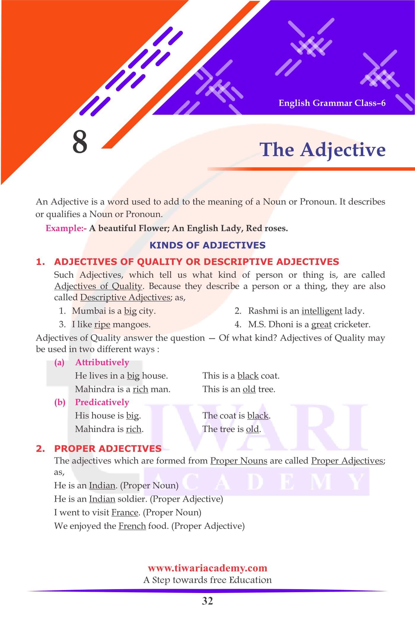 Class 6 English Grammar Chapter 8 The Adjective