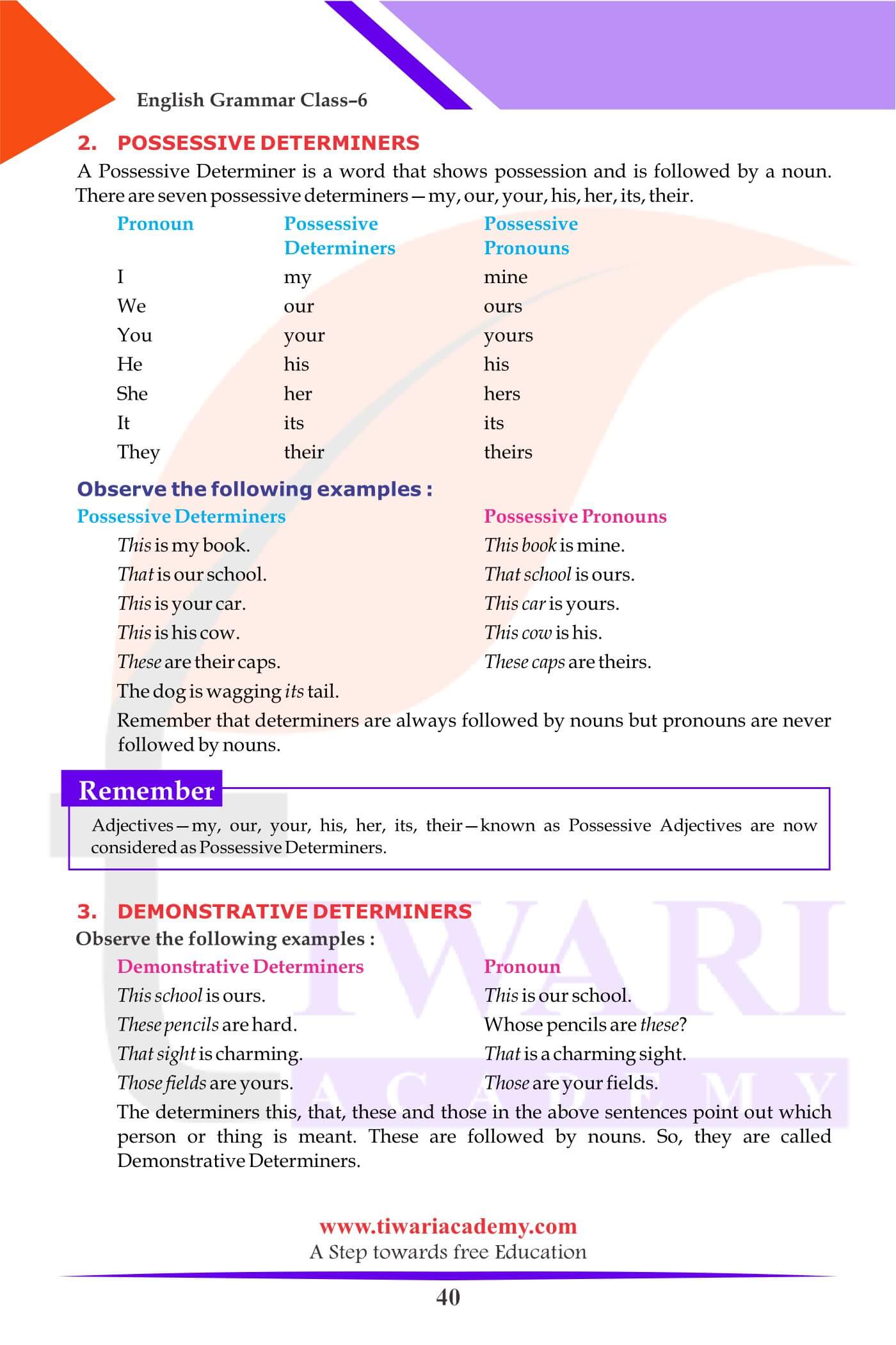 Class 6 Grammar Determiners Study Material